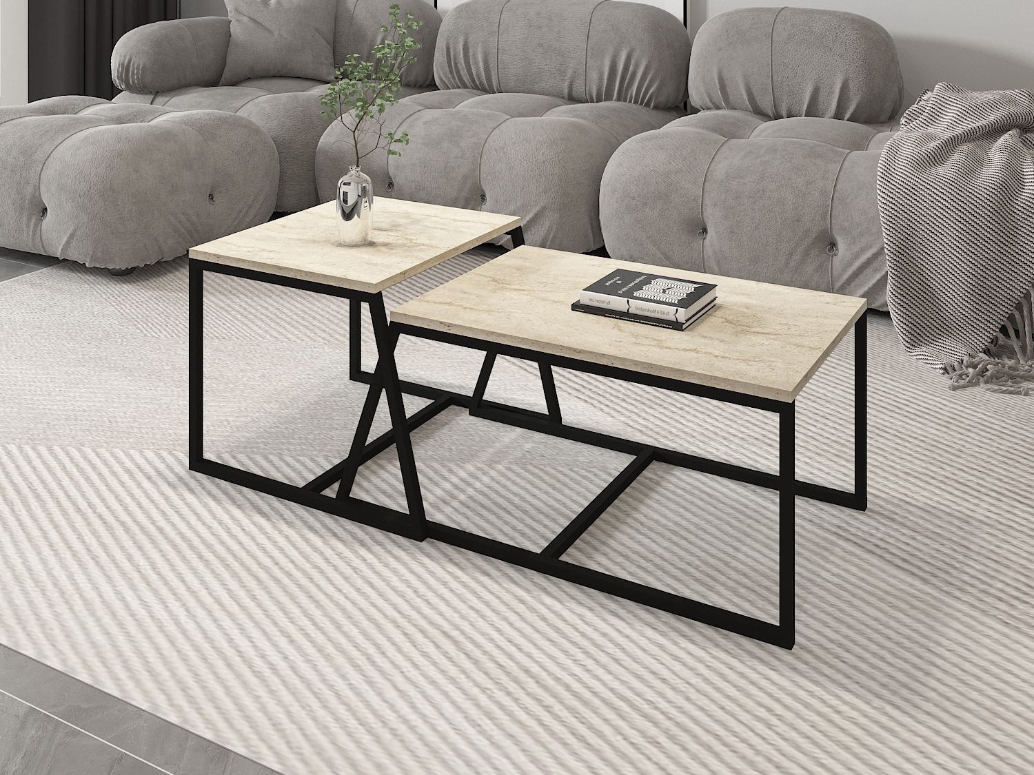 Комплект журнальных столиков Kailua 1804 (Светлый Travertine + Чёрный)