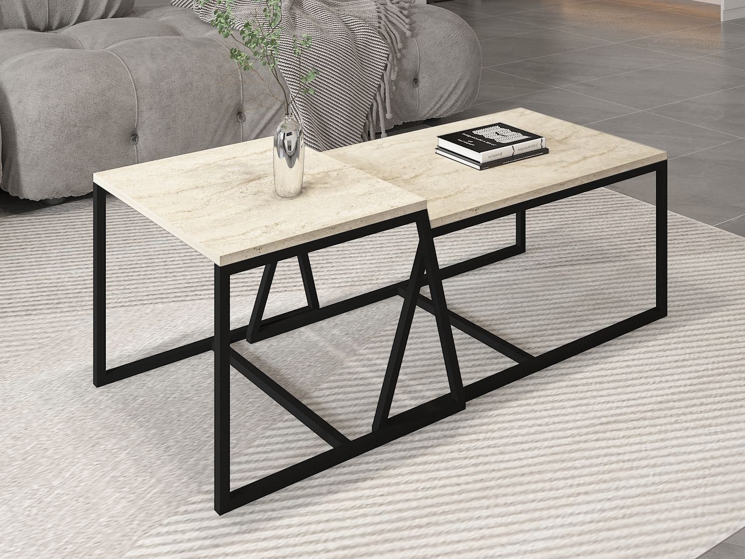 Žurnālu galdiņu komplekts Kailua 1804 (Gaišs Travertine + Melns)