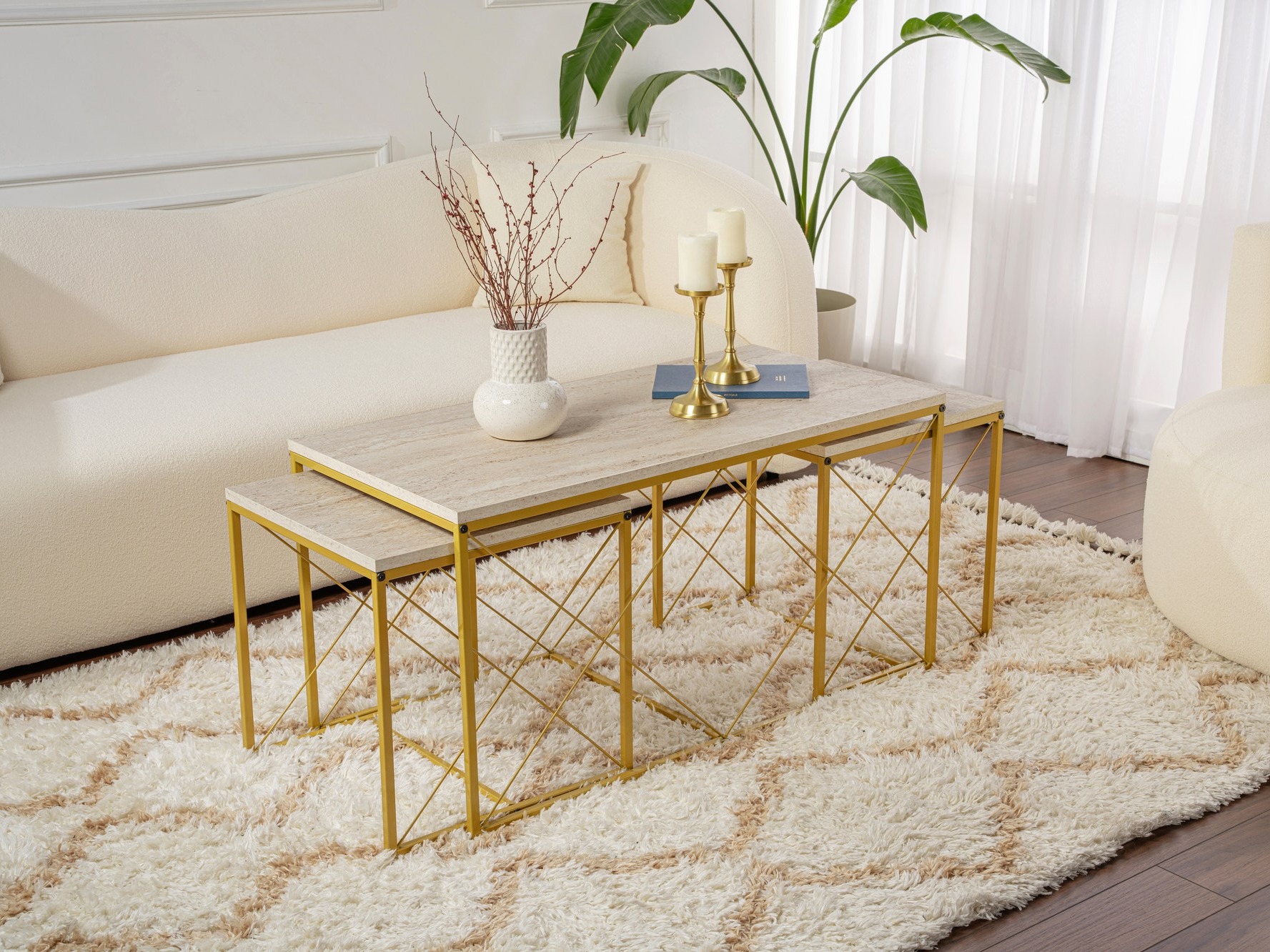 Žurnālu galdiņu komplekts Kailua 2619 (Gaišs travertīns + Zelta)