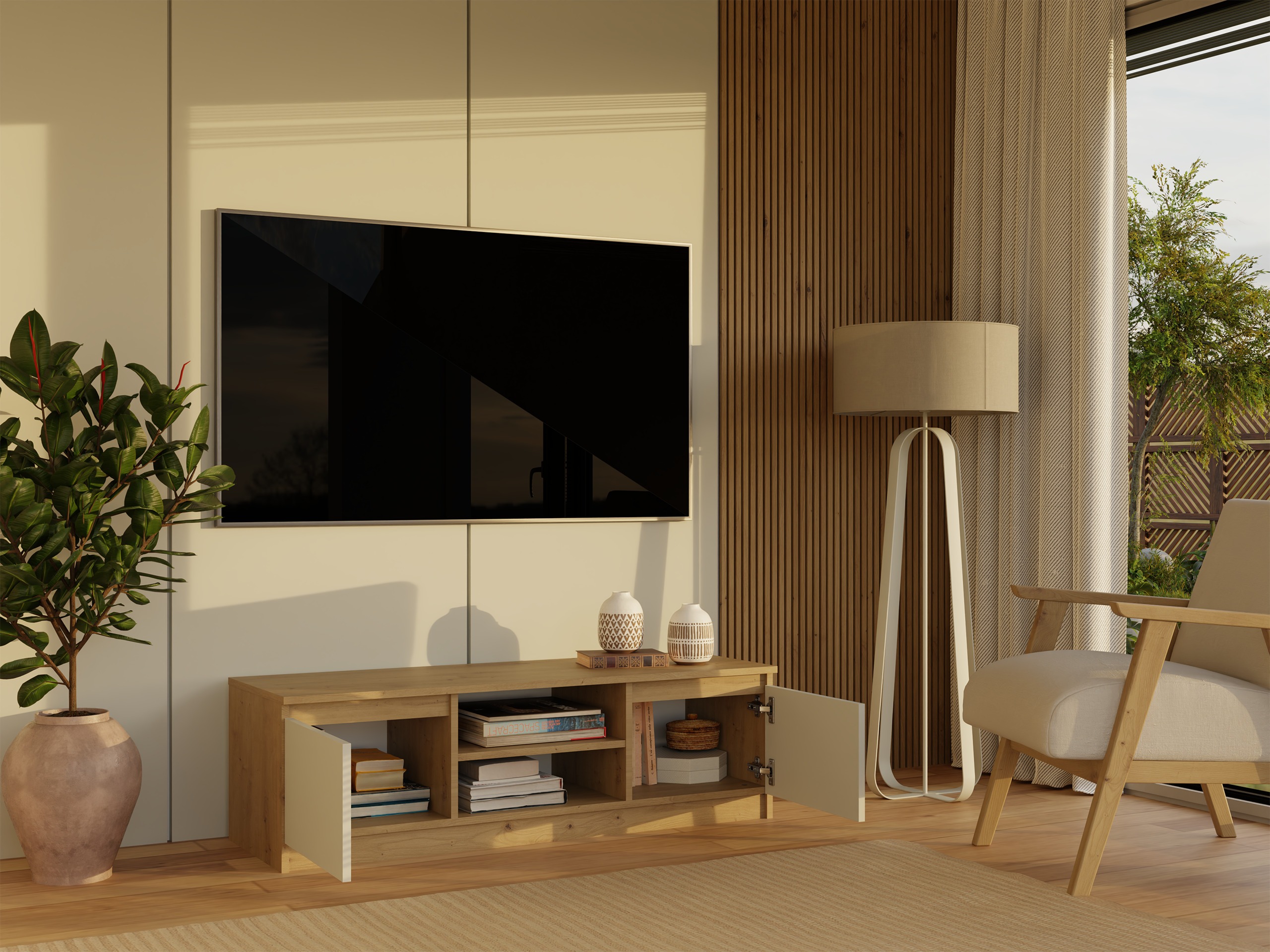 TV galds Elbvelu 123 (Artisan ozols + Kašmirs)