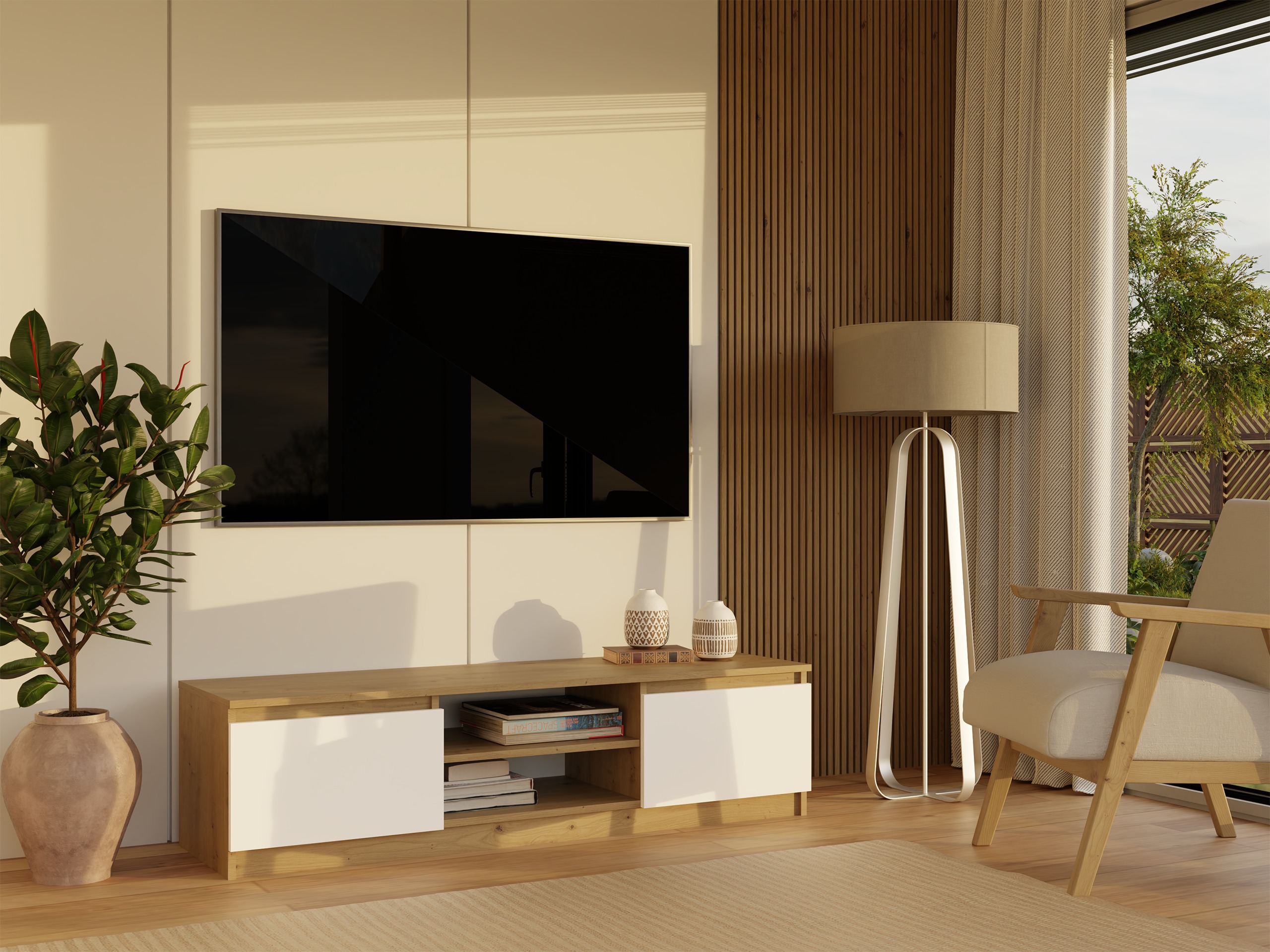 TV galds Elbvelu 125 (Artisan ozols + Balts)