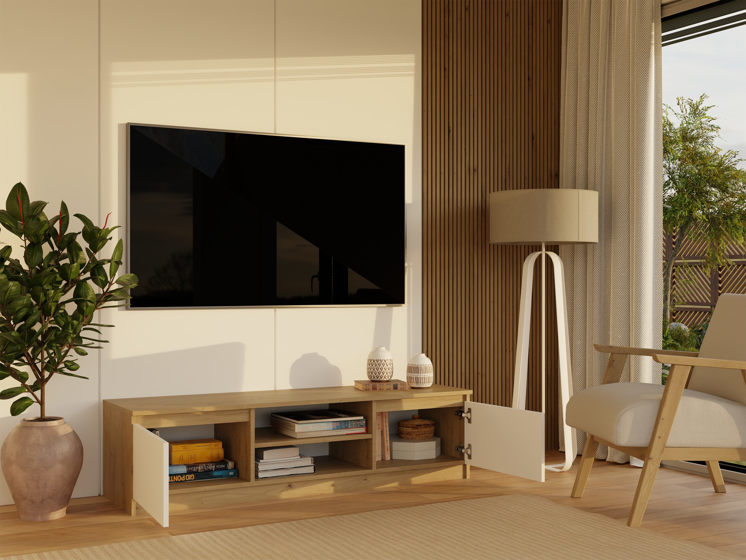 TV galds Elbvelu 125 (Artisan ozols + Balts)