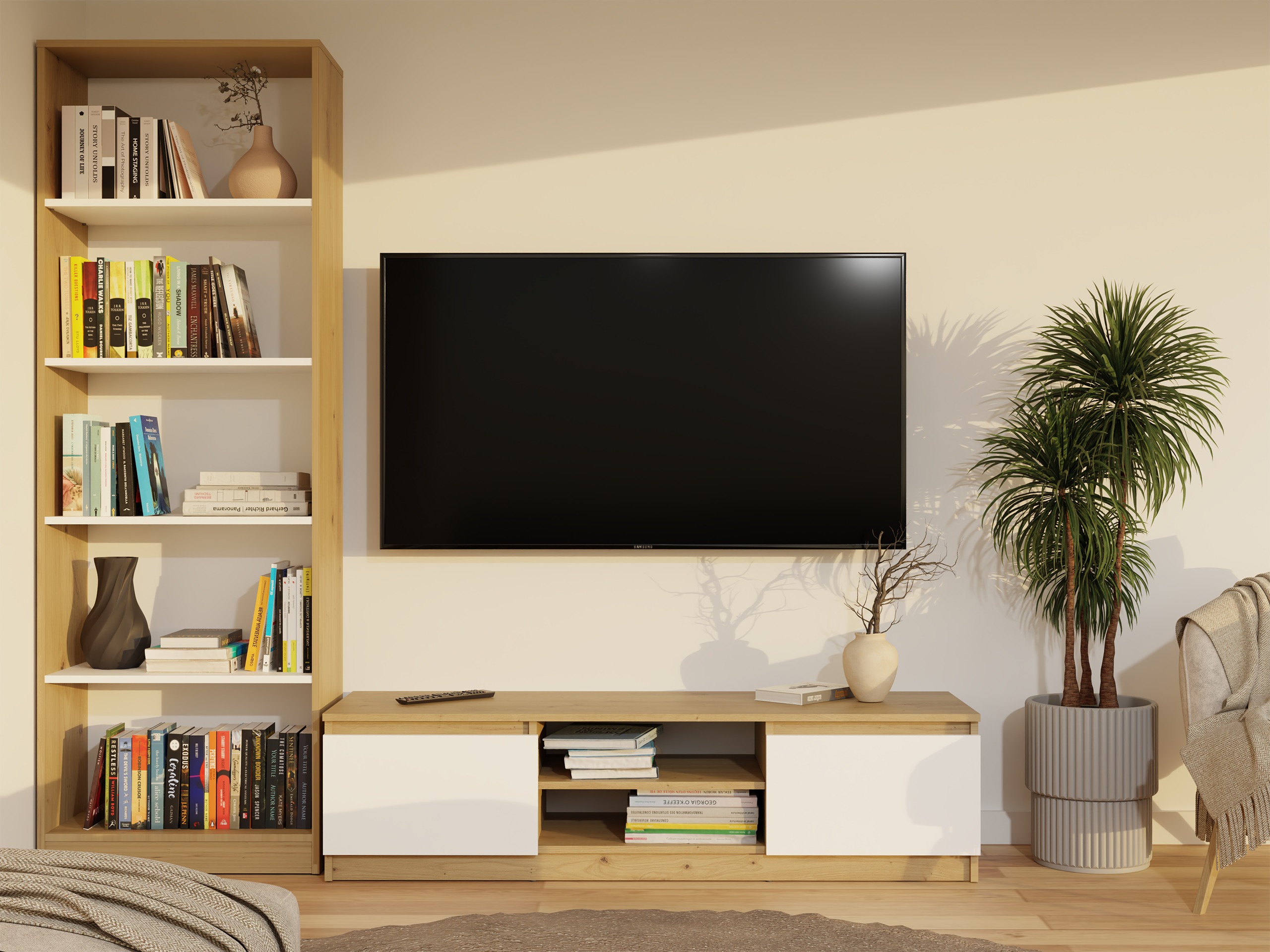 TV galds Elbvelu 125 (Artisan ozols + Balts)