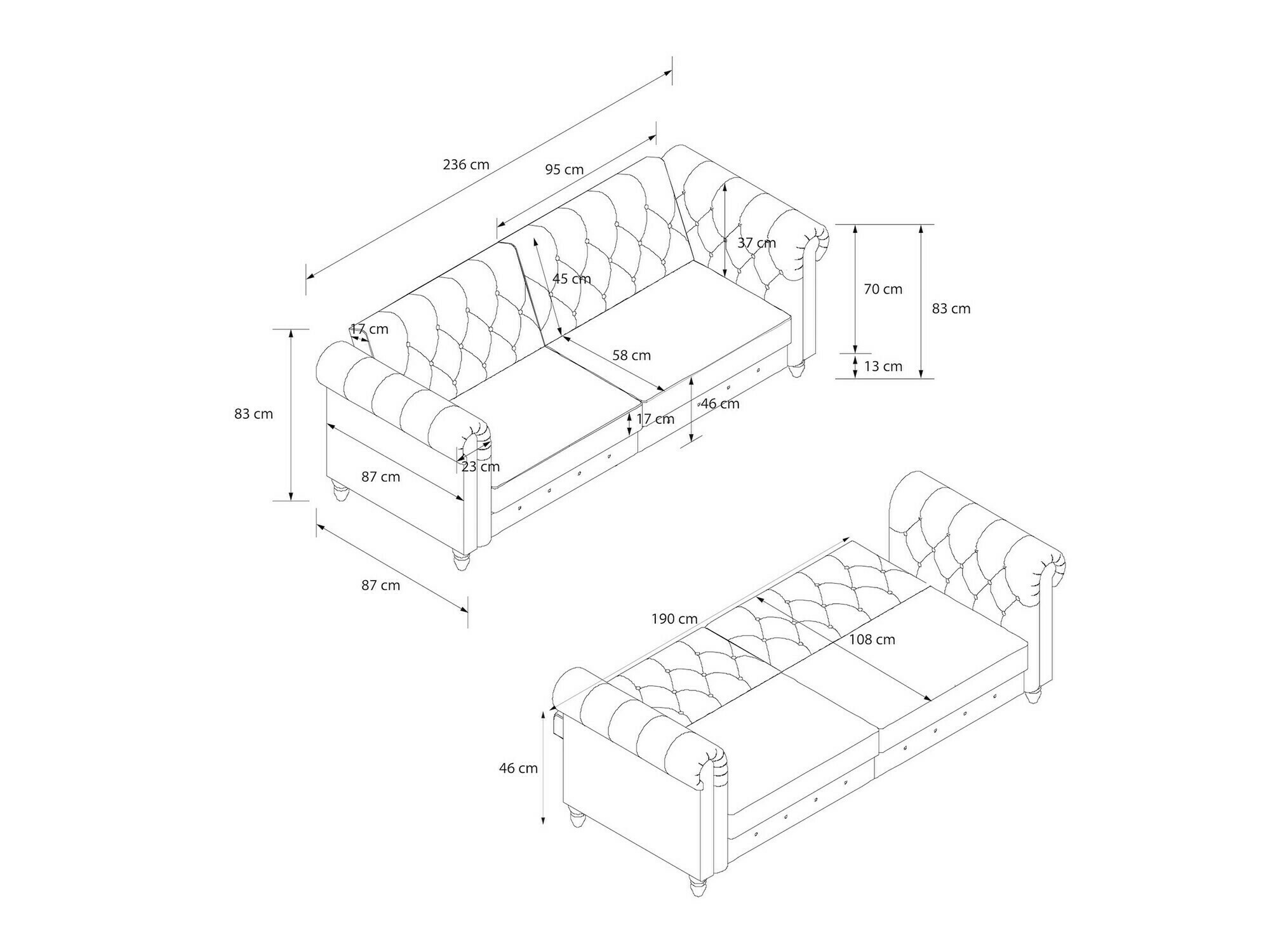 Chesterfield dīvāns Tulsa 217 (Tumši pelēks)