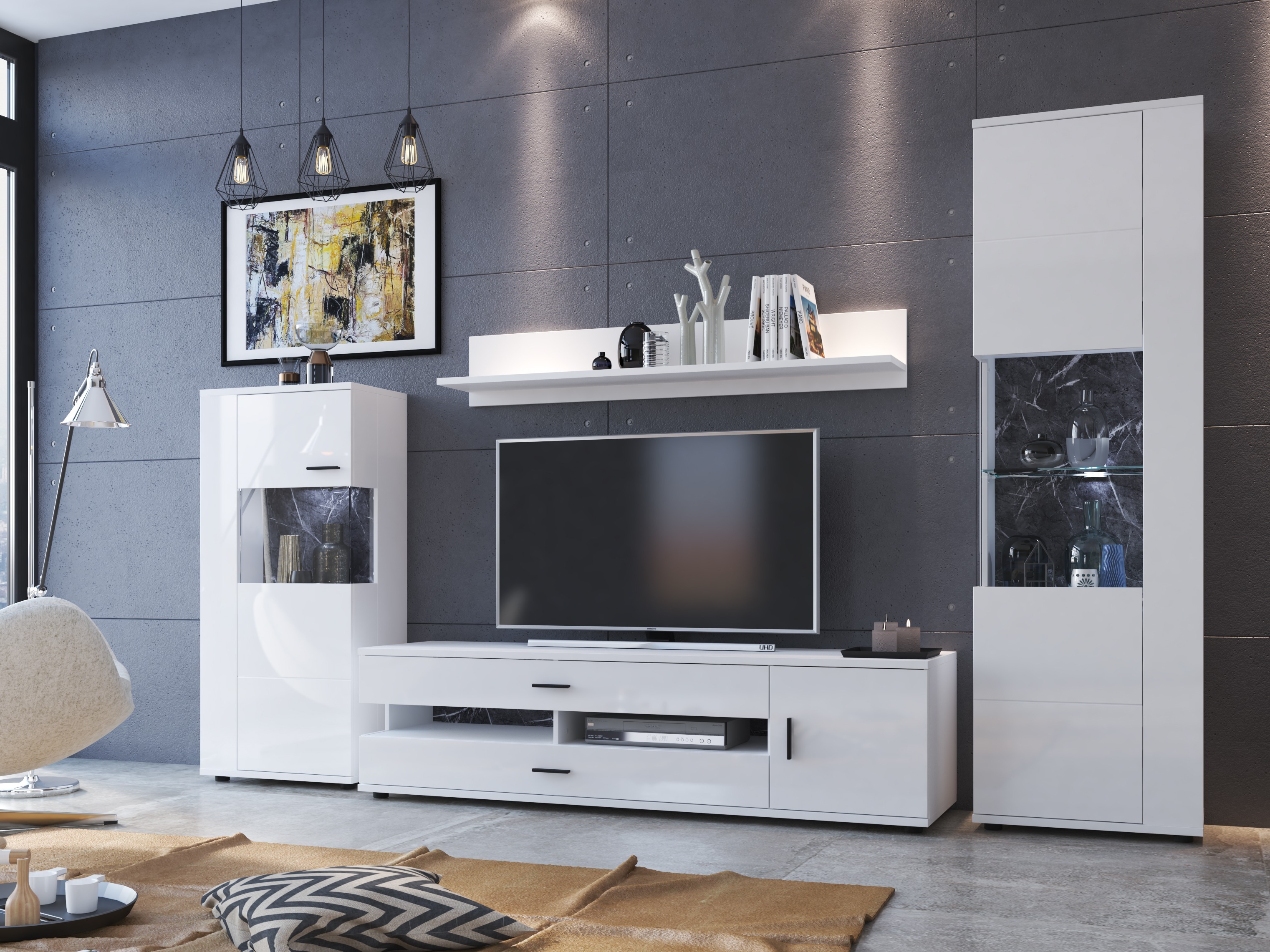 Viesistabas komplekts Ontario 161 (Glancēts balts + Balts)