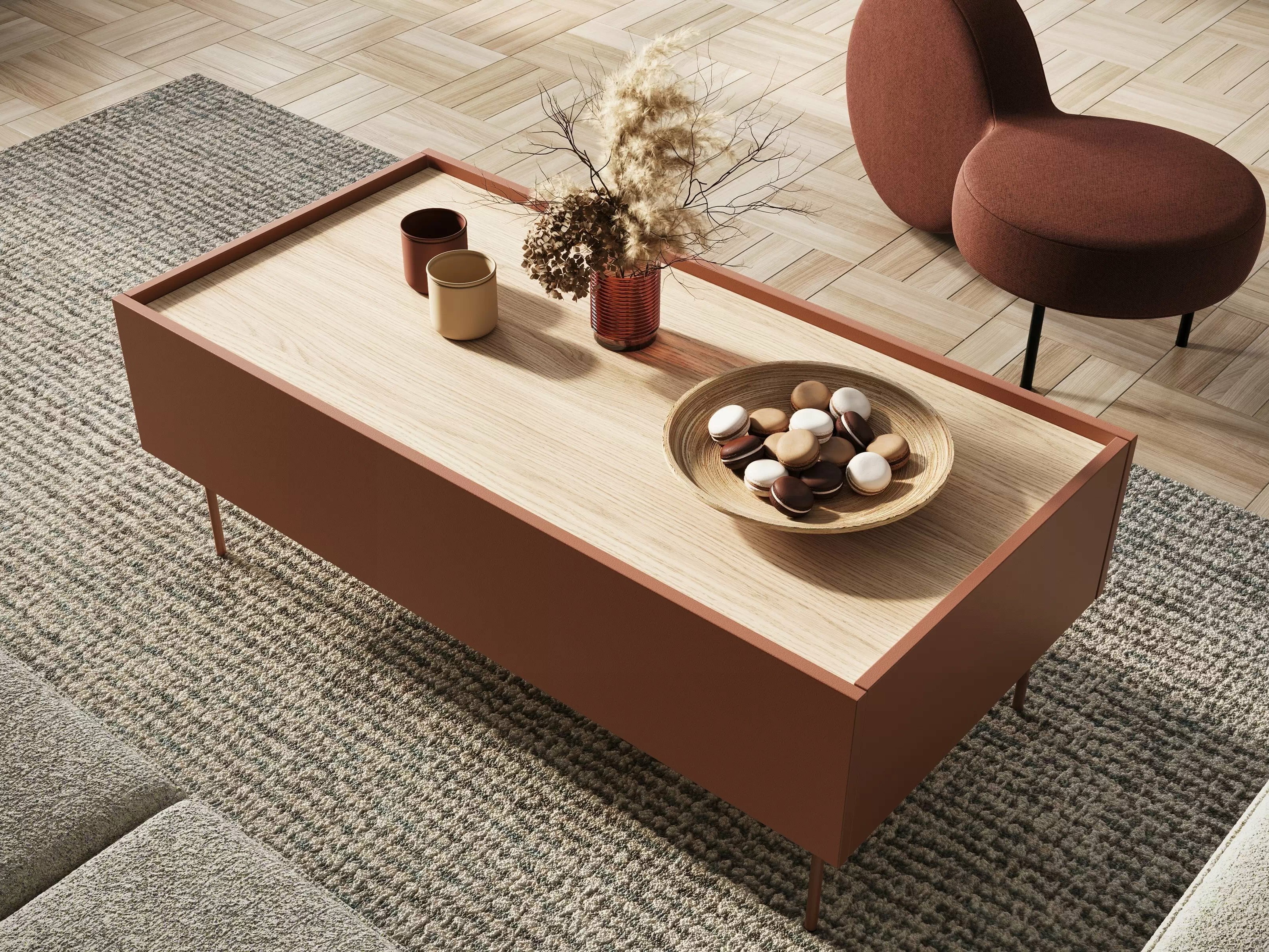 Žurnālu galdiņš Tivdala 108 (Ozols + Matēts sarkans)