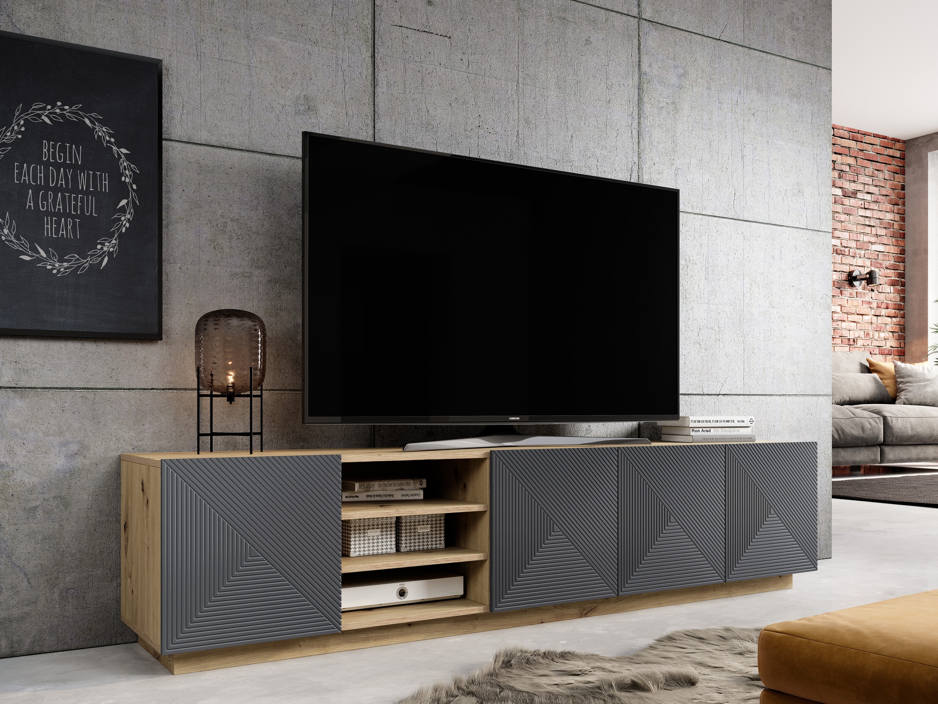 TV galds Dortivi 104 (Artisan ozols + Matēts pelēks)