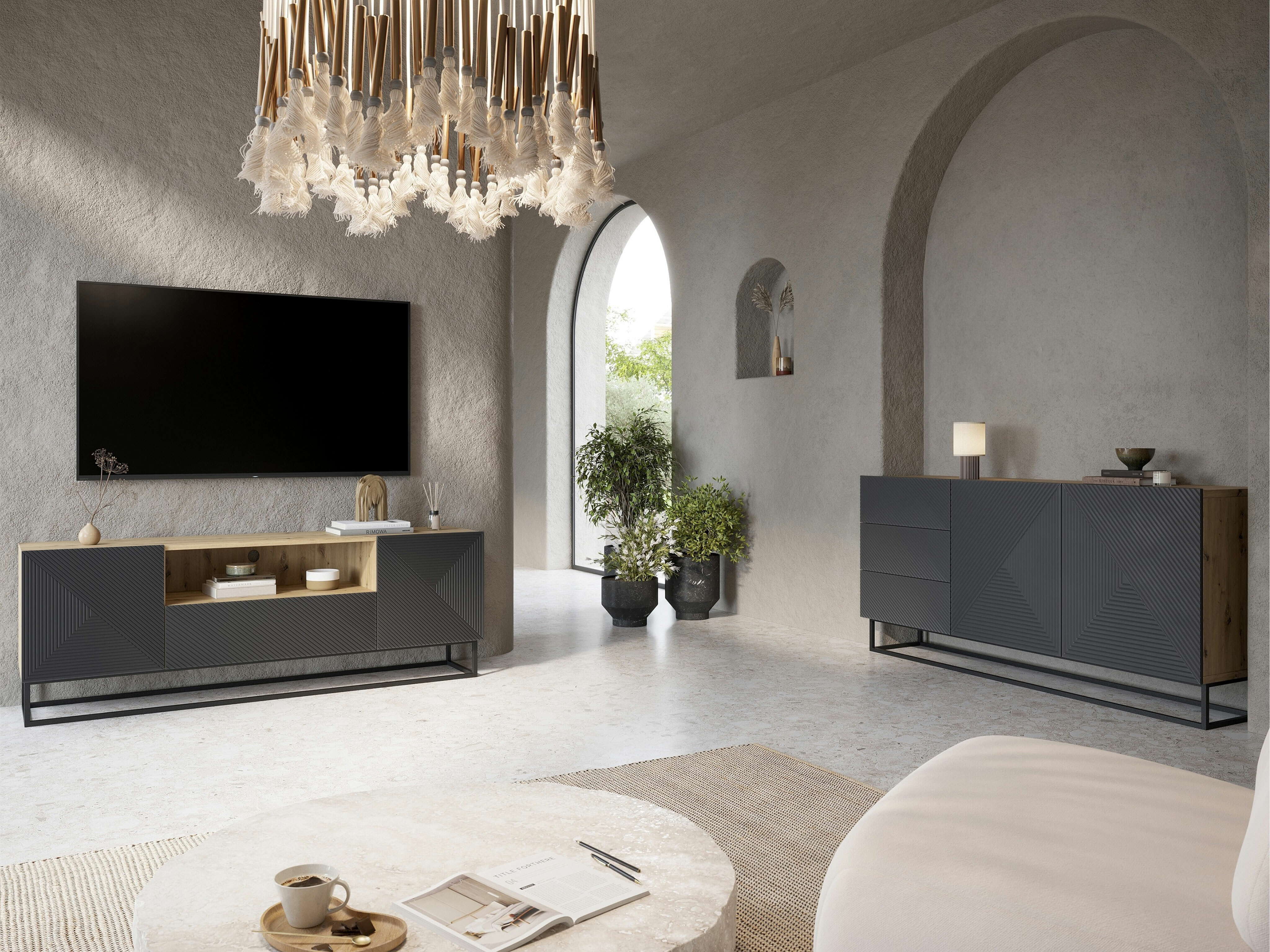 TV galds Dortivi 102 (Artisan ozols + Matēts pelēks)