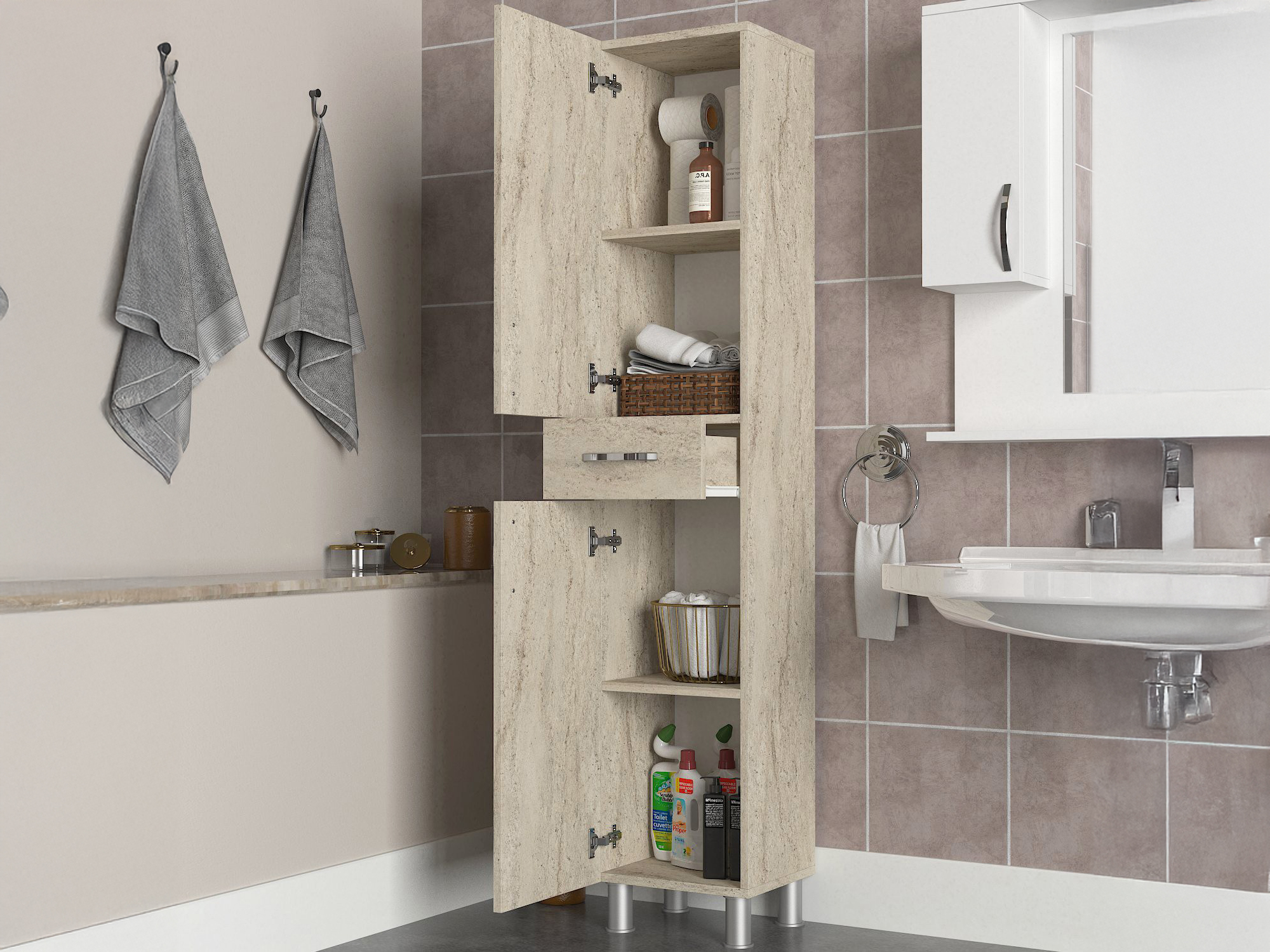 Stāvošs vannas skapītis Kailua 2657 (Gaišs Travertine)