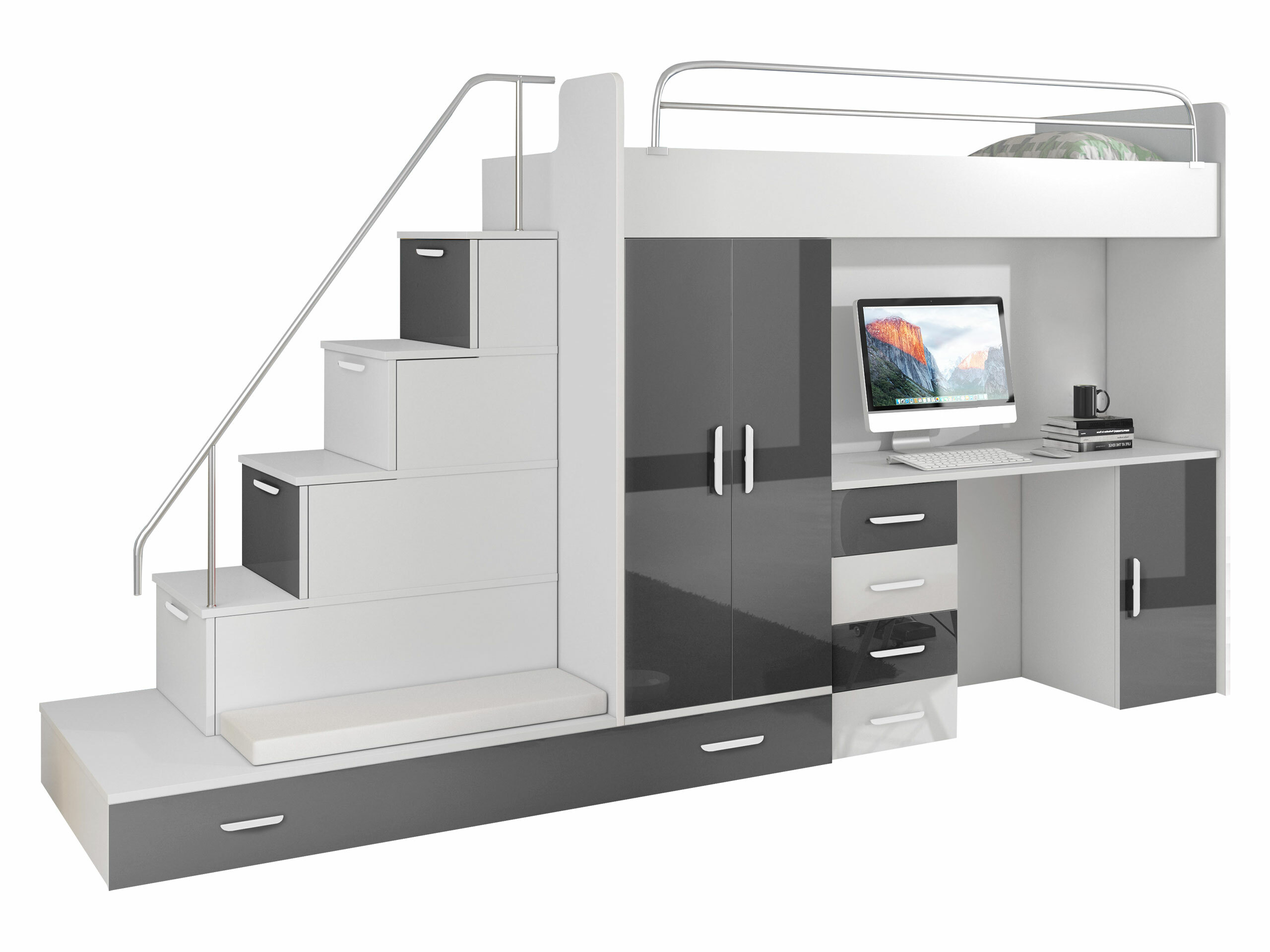 Bērnu istabas komplekts Campus I (Balts + Glancēts balts + Glancēts pelēks)