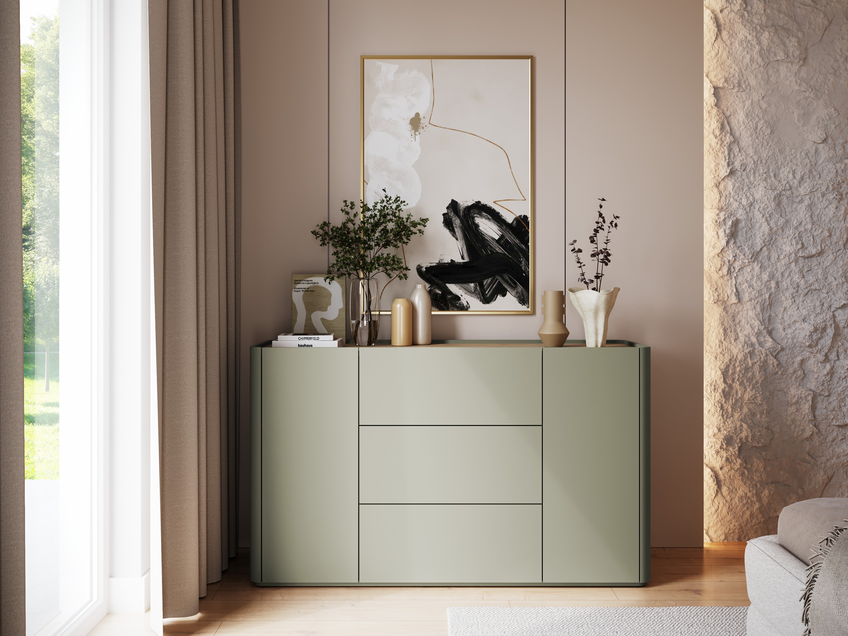 Kumode Elbmira 104 (Putekļaini zaļa + Ozols)