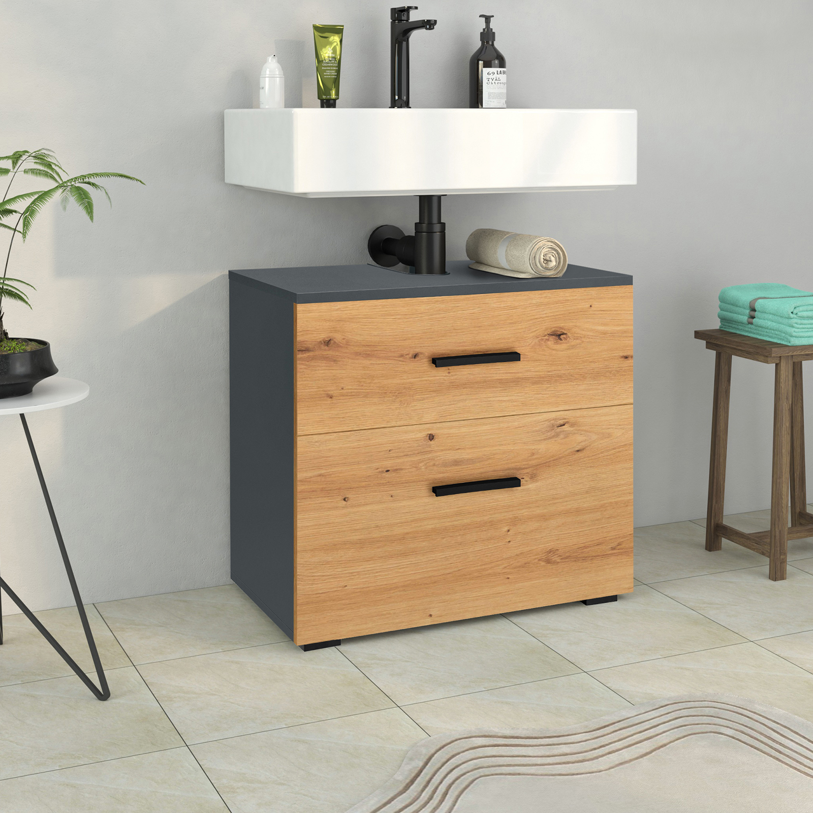 Stāvošs vannas istabas skapītis izlietnei Larlori 100 (Antracīts + Ozols)