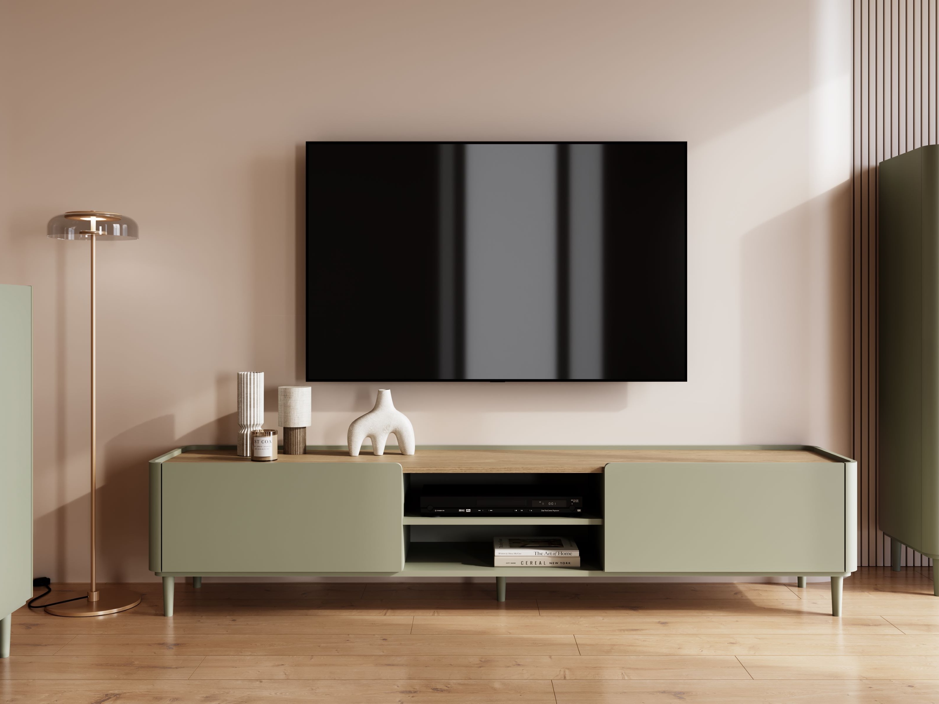 TV galds Elbmira 105 (Putekļaini zaļa + Ozols)