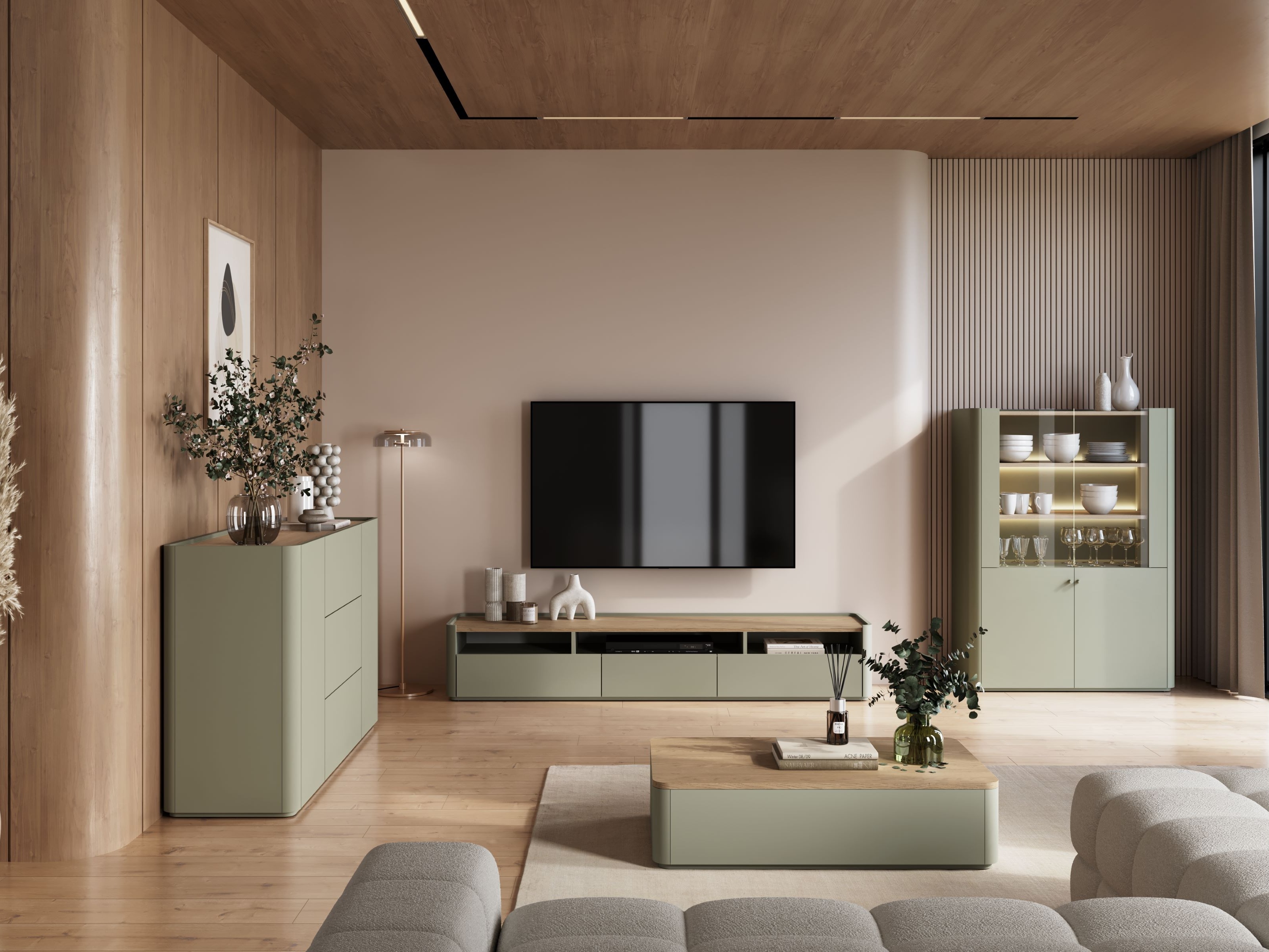 TV galds Elbmira 106 (Putekļaini zaļa + Ozols)