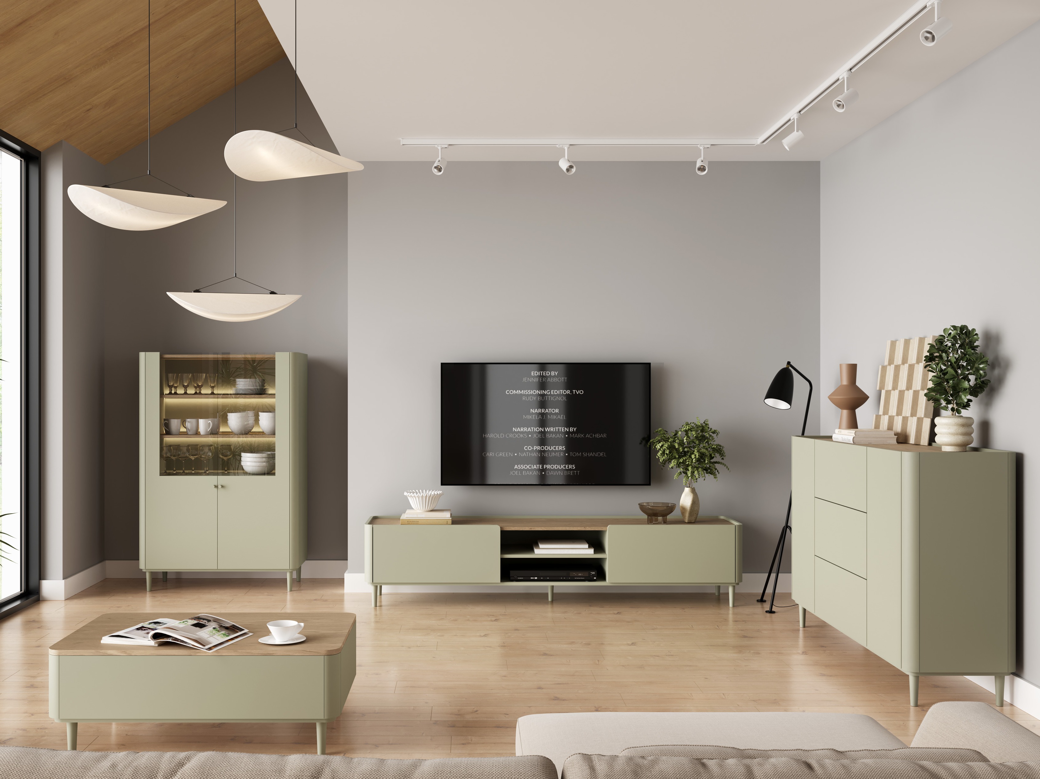 ТВ тумба Elbmira 105 (Пыльно-зеленый + Дуб)