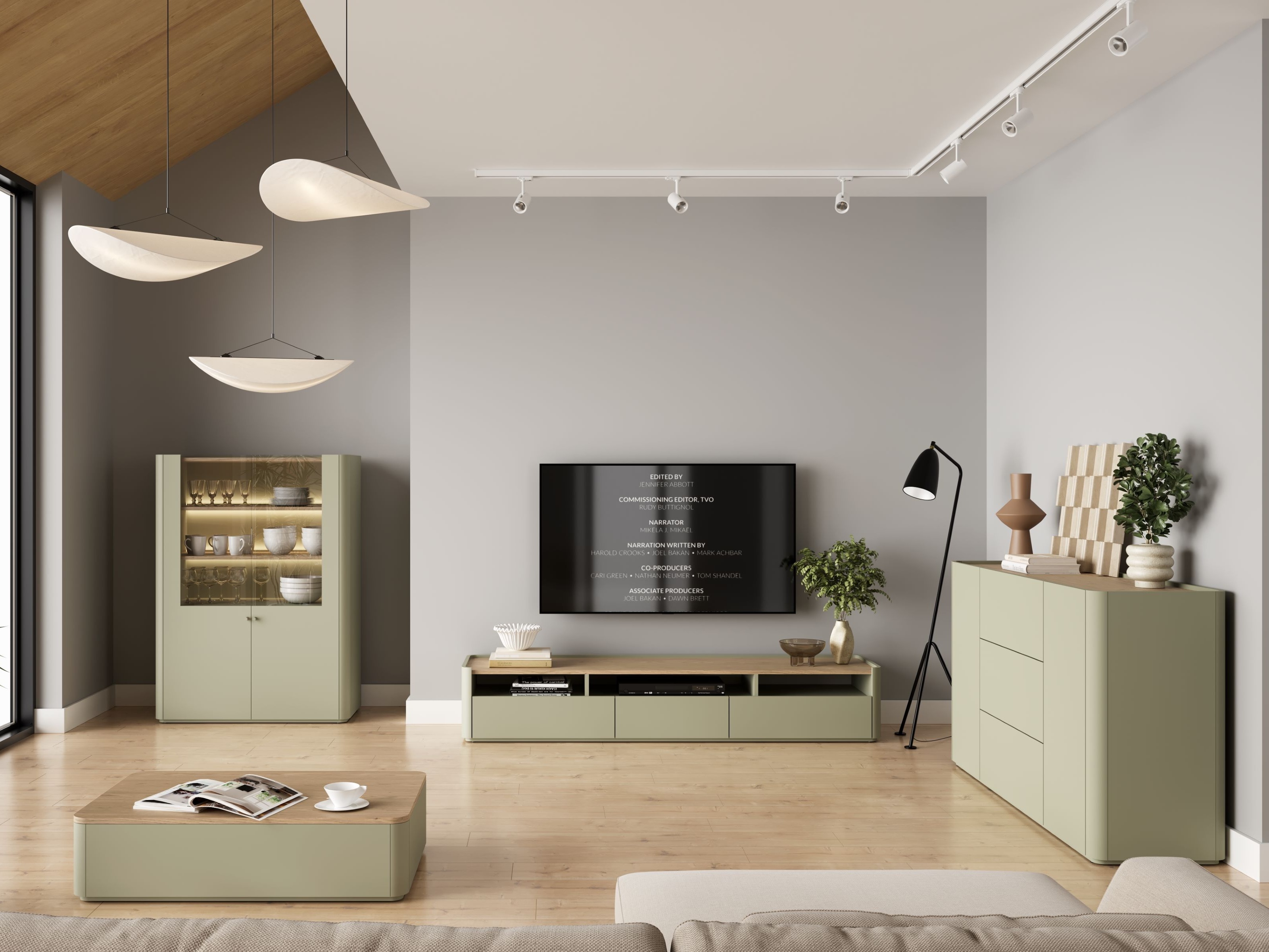 ТВ тумба Elbmira 106 (Пыльно-зеленый + Дуб)