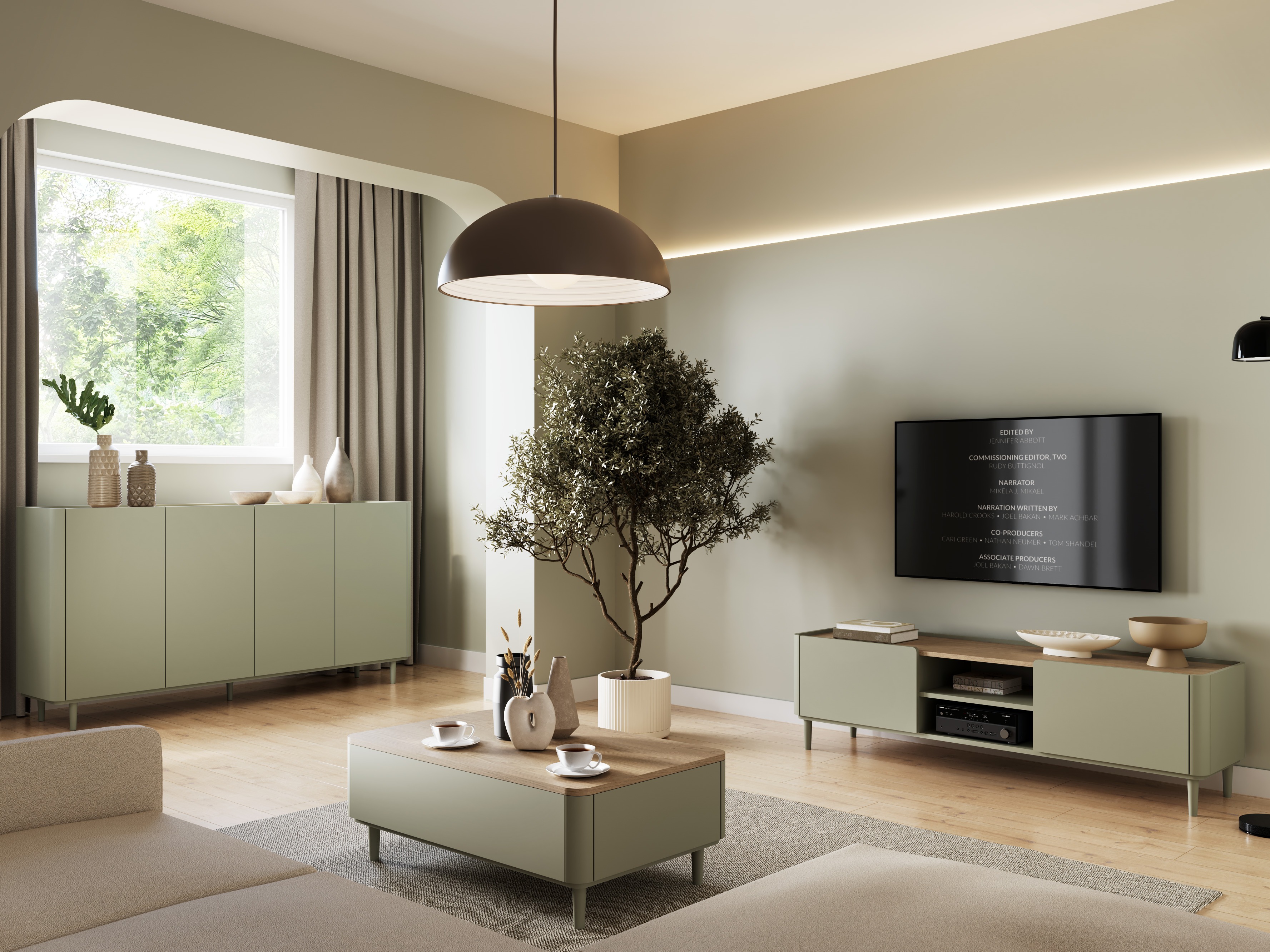 ТВ тумба Elbmira 107 (Пыльно-зеленый + Дуб)