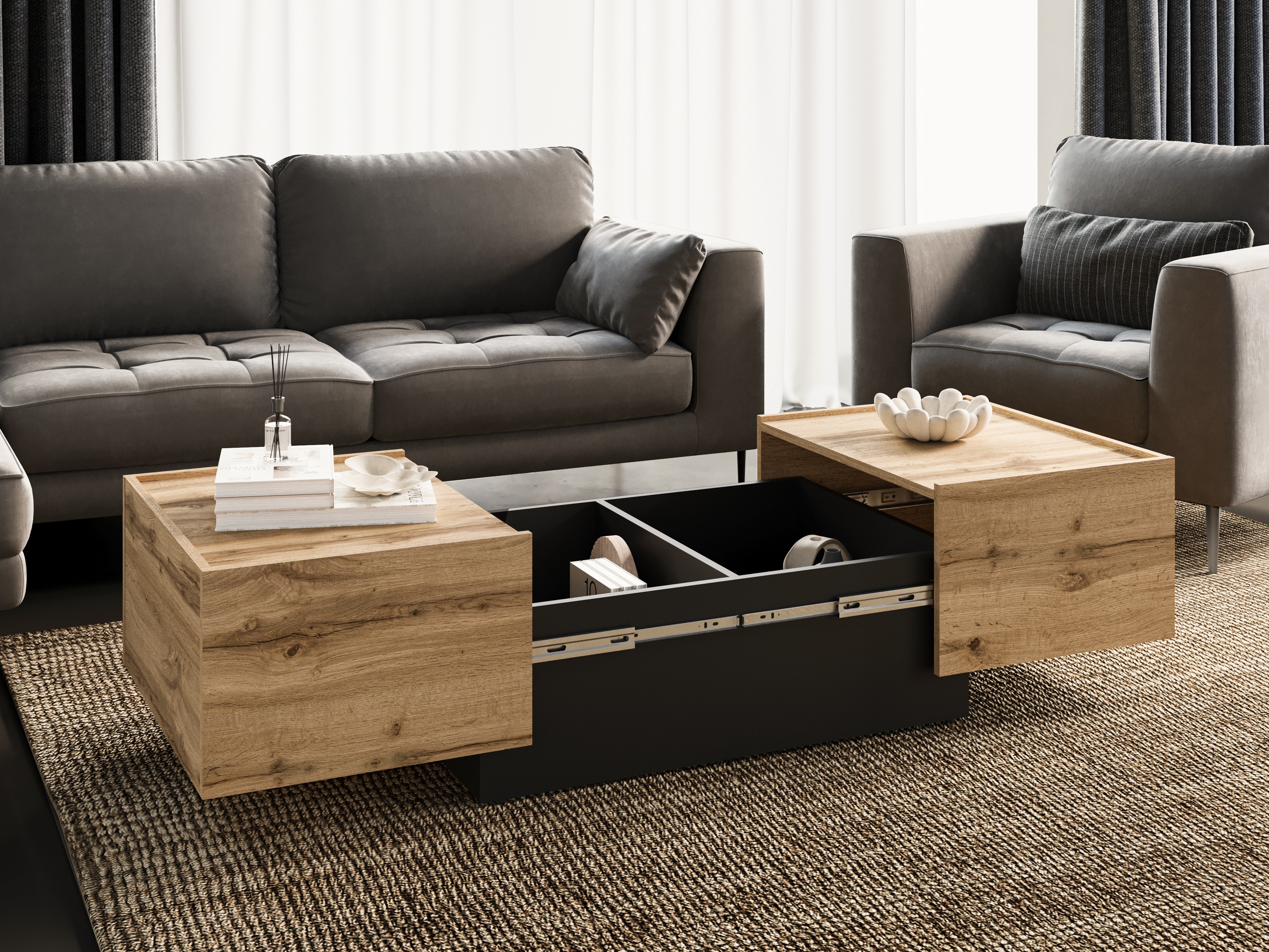 Žurnālu galdiņš transformeris Austin 380 (Votan ozols + Melns)