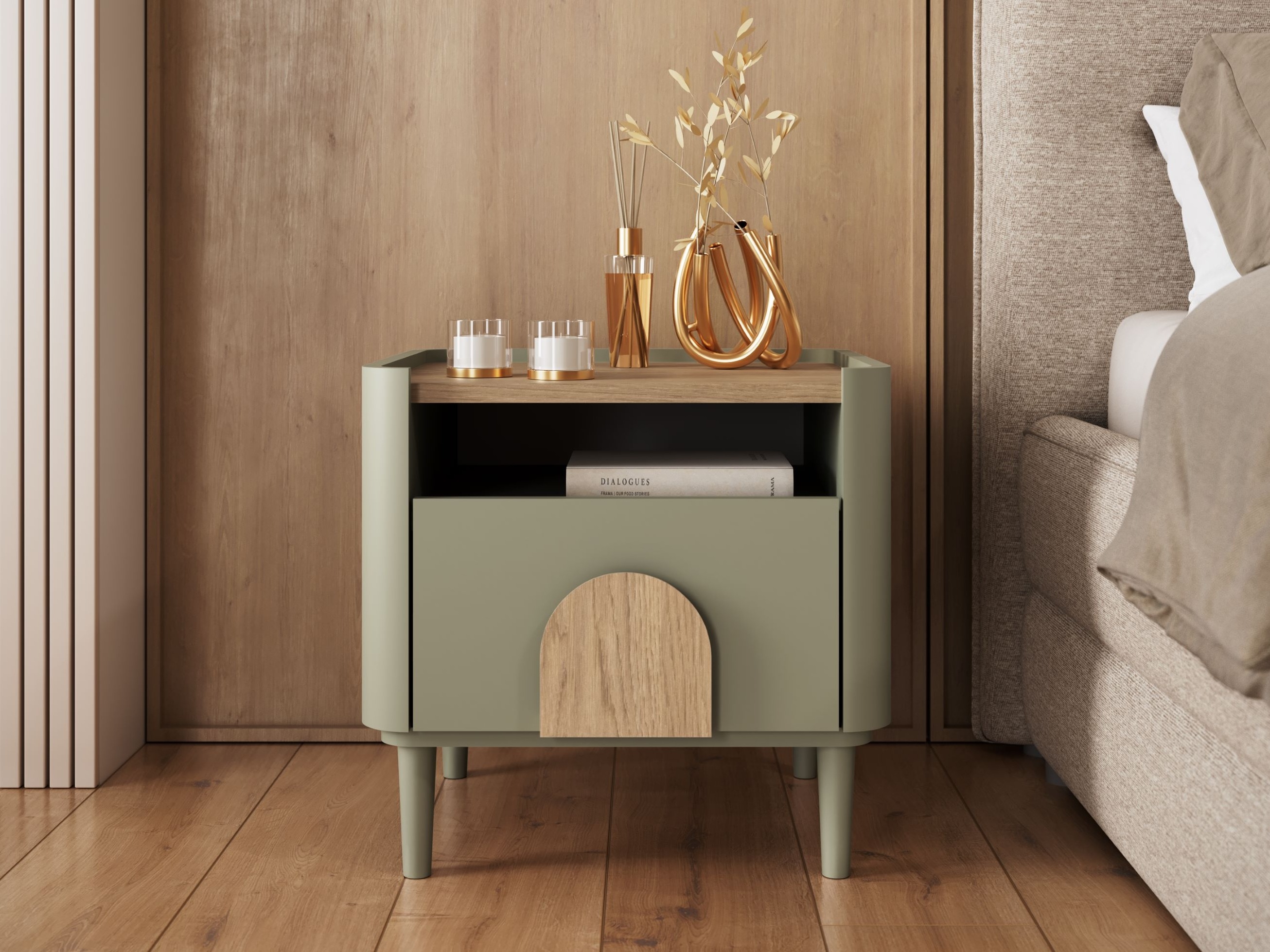 Naktsgaldiņš Camavio 100 (Putekļaini zaļa + Ozols)