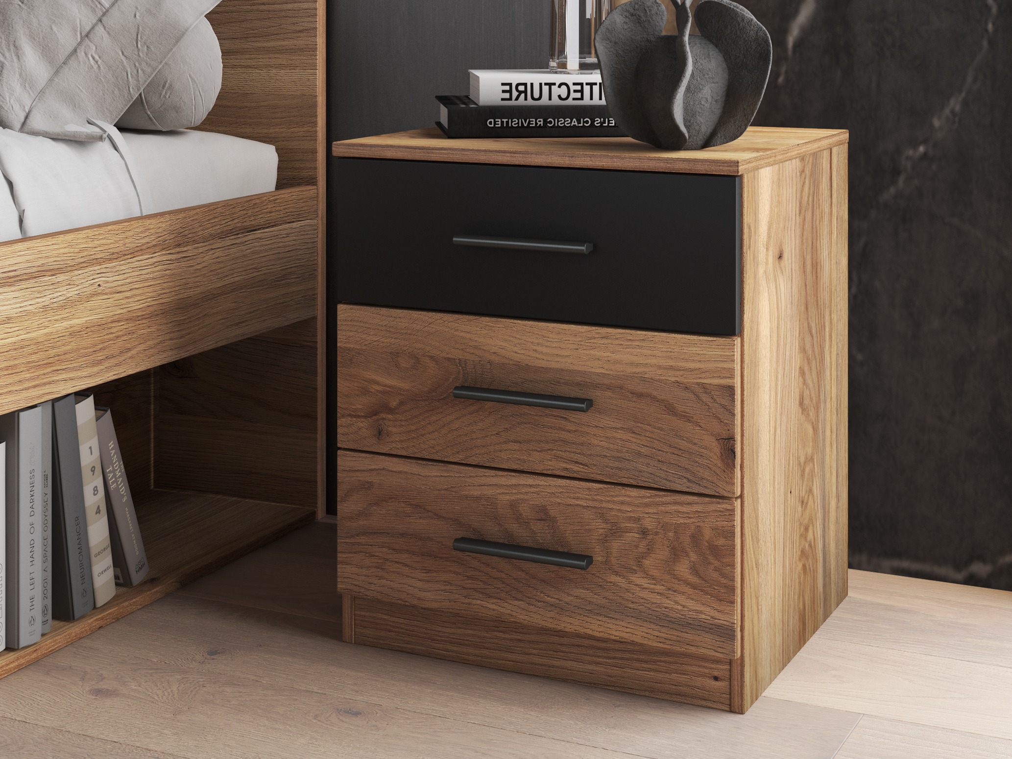 Прикроватная тумбочка Melvele 100 (Дуб + Чёрный)