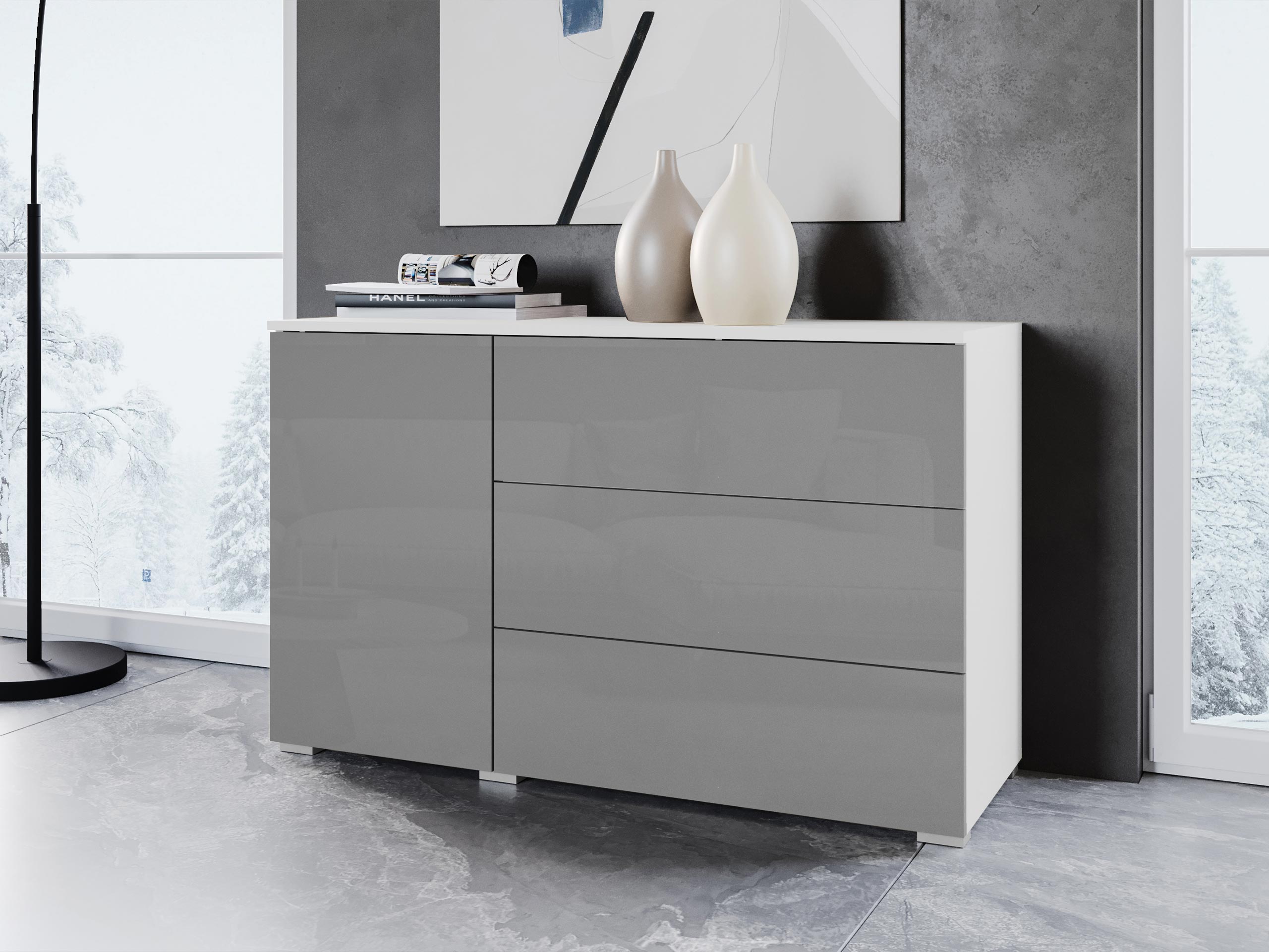 Kumode Sarasota 128 (Balts + Glancēts pelēks)