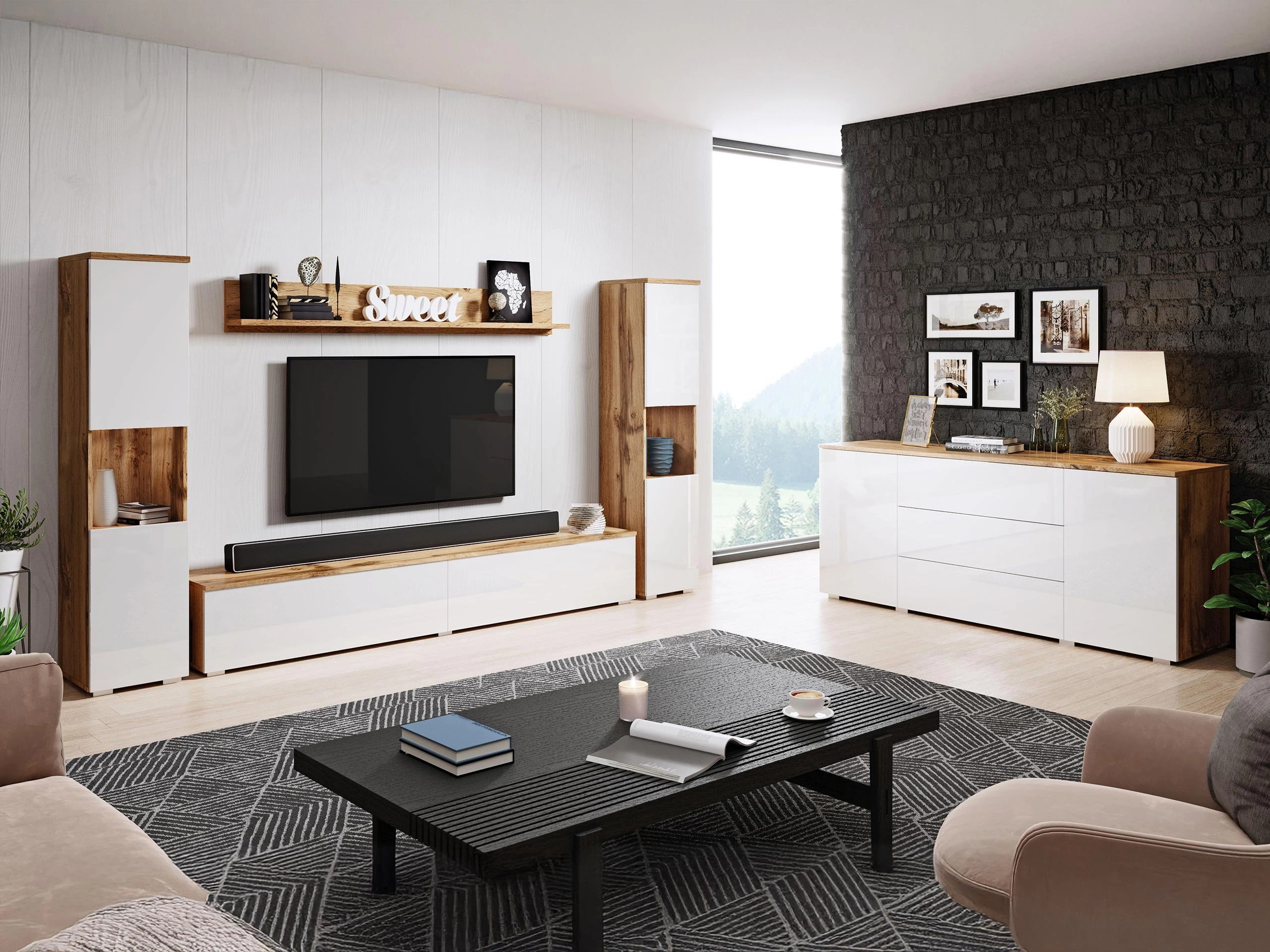 Набор для гостиной Sarasota 133 (Дуб вотан + Глянцевый белый)