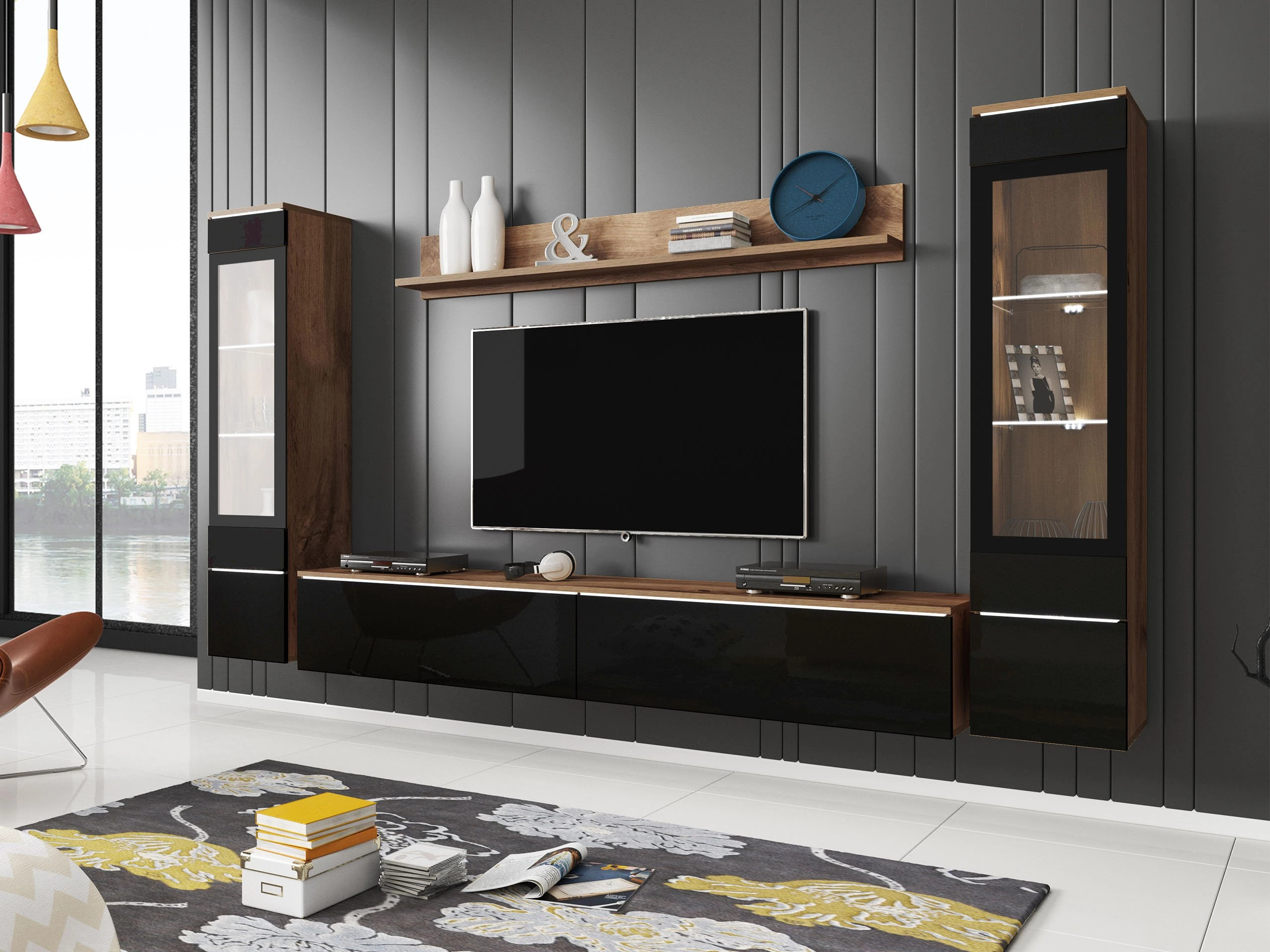 Viesistabas komplekts Sarasota 126 (Votan ozols + Glancēts melns)