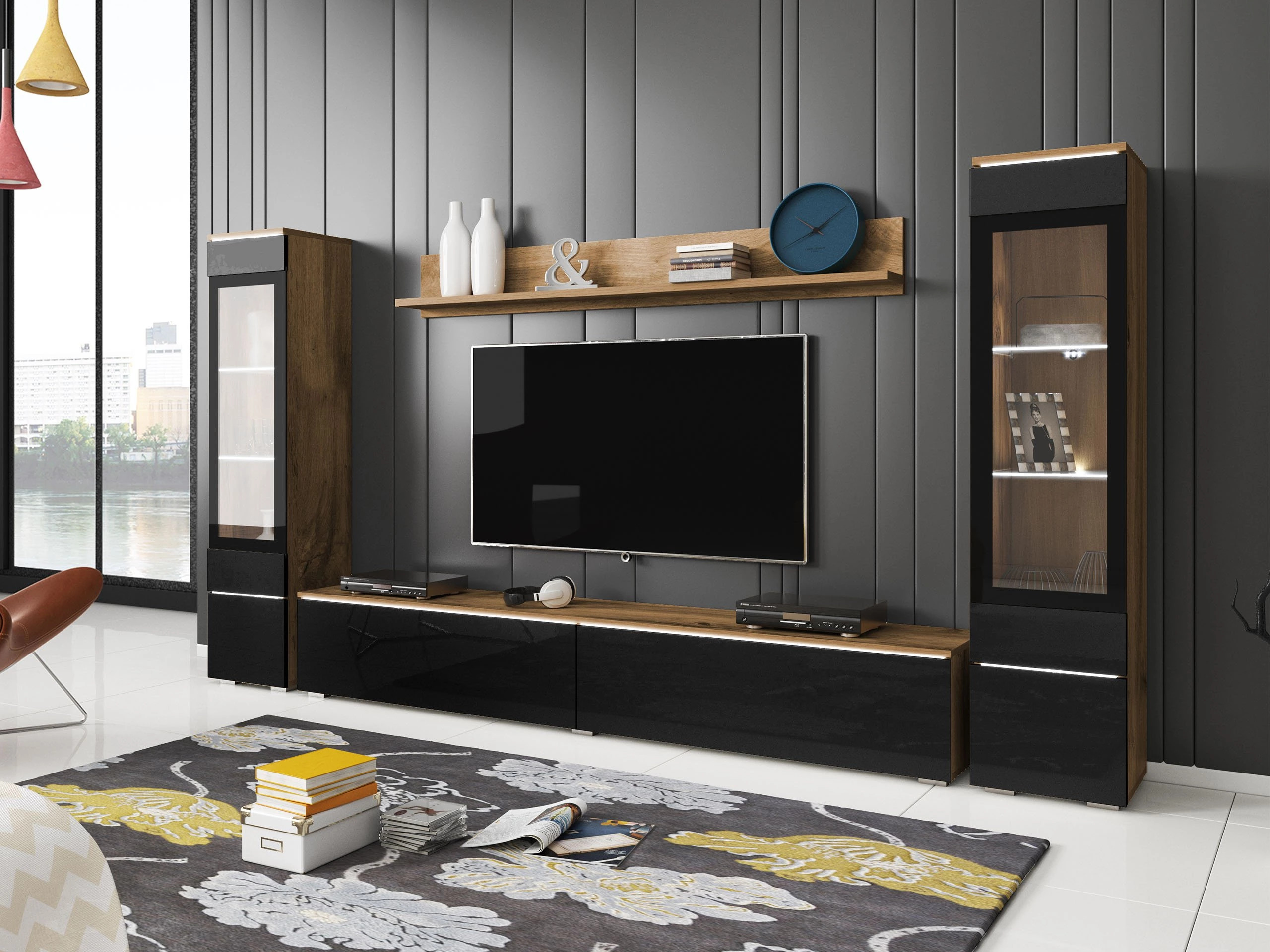 Viesistabas komplekts Sarasota 126 (Votan ozols + Glancēts melns)