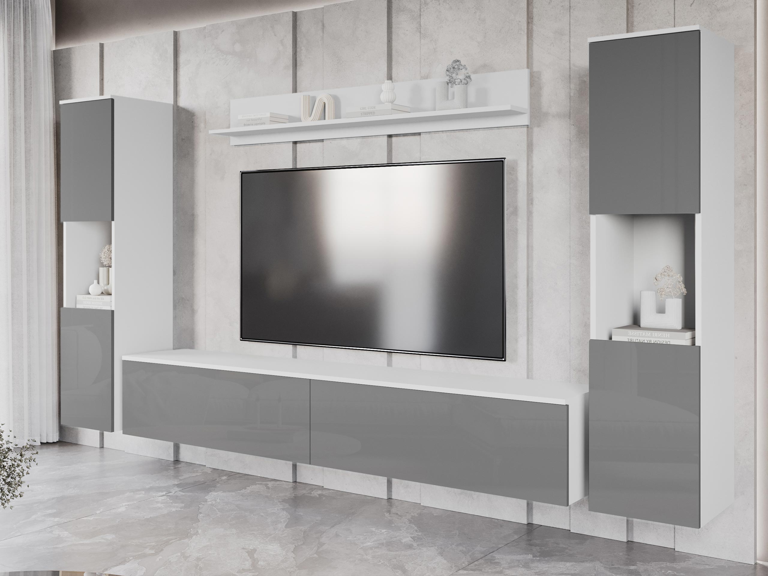 Viesistabas komplekts Sarasota 131 (Balts + Glancēts pelēks)