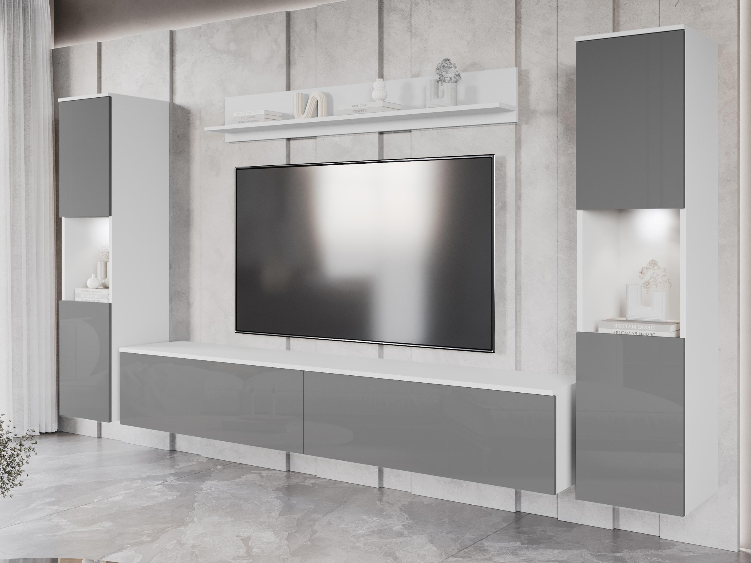 Viesistabas komplekts Sarasota 131 (Balts + Glancēts pelēks)