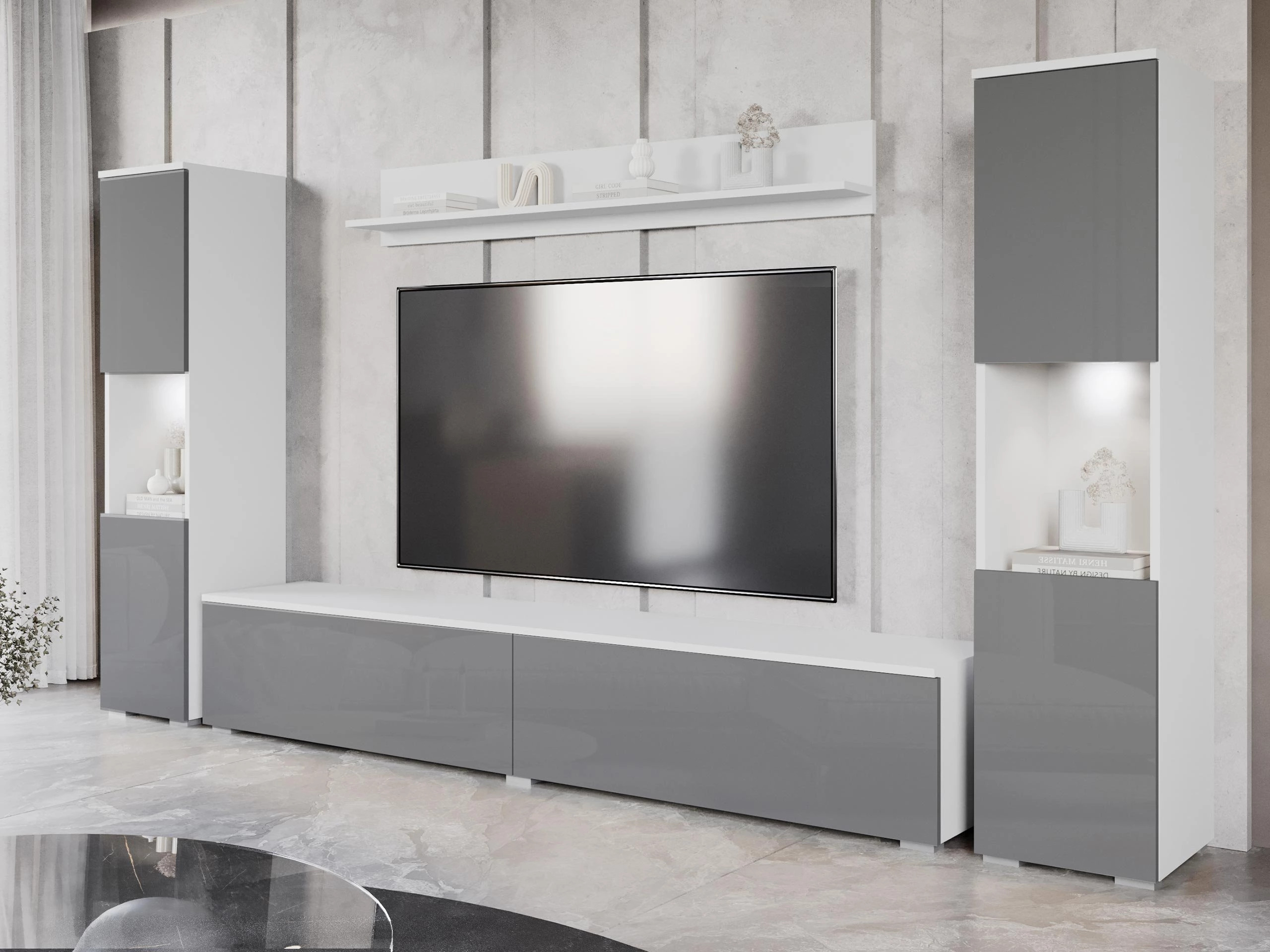 Viesistabas komplekts Sarasota 131 (Balts + Glancēts pelēks)