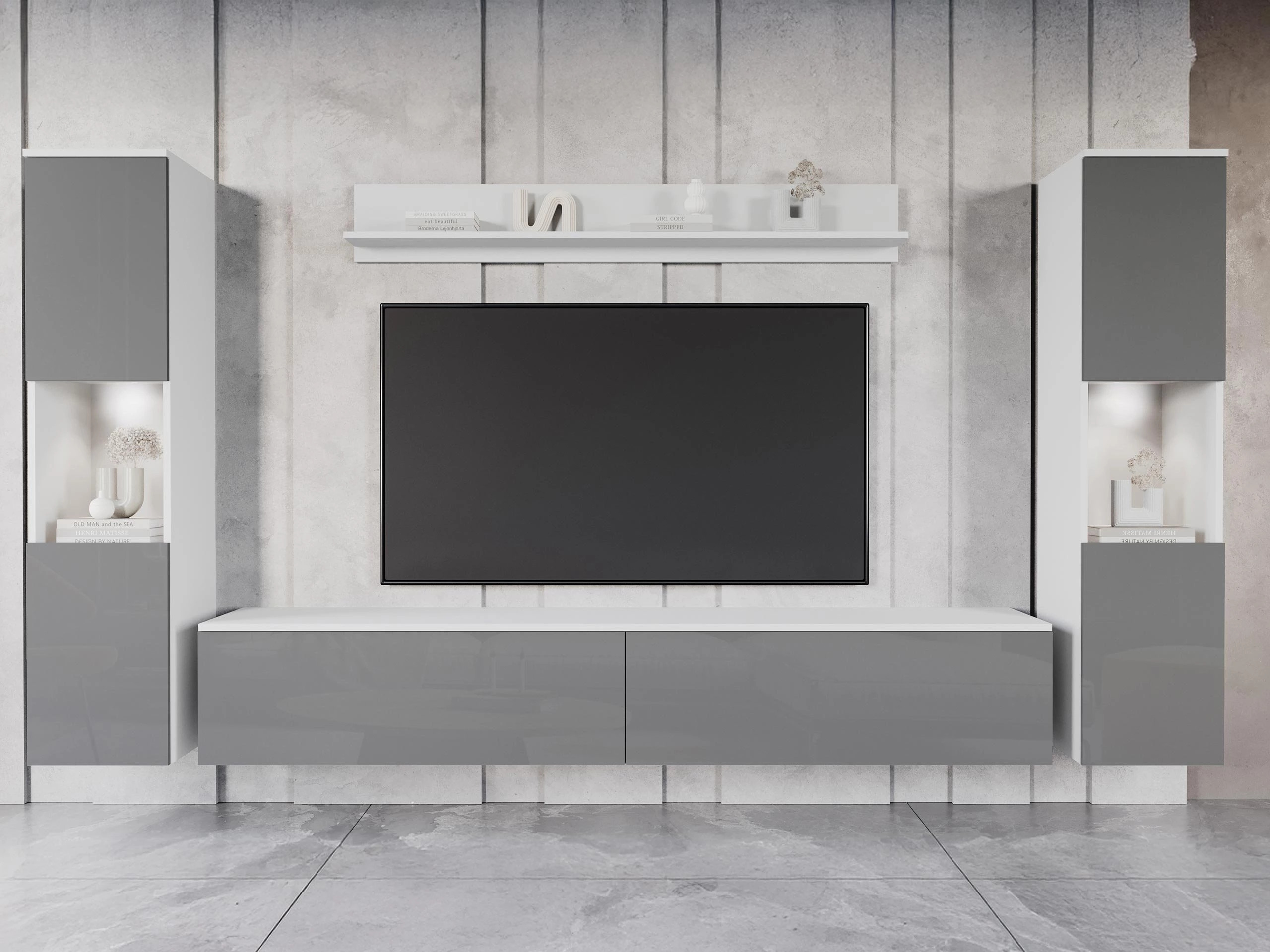 Viesistabas komplekts Sarasota 131 (Balts + Glancēts pelēks)