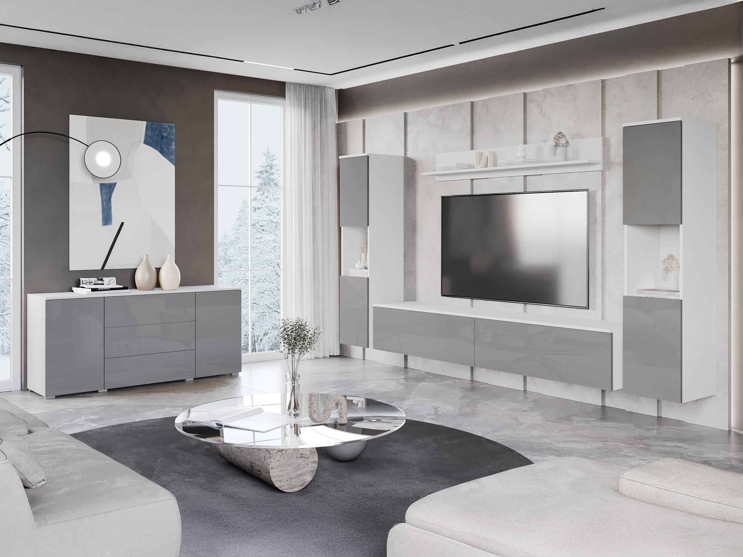 Viesistabas komplekts Sarasota 133 (Balts + Glancēts balts)