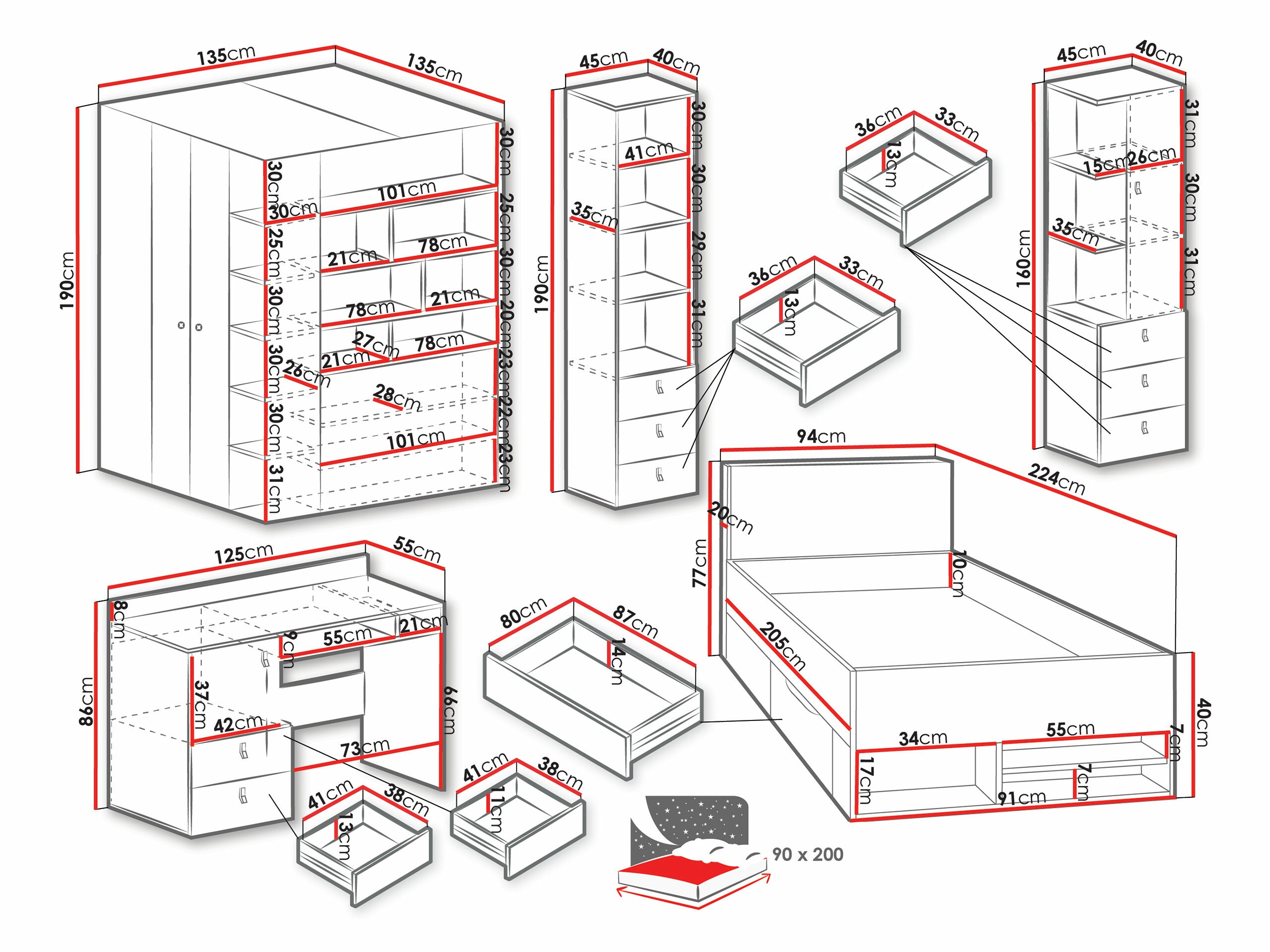 Bērnu istabas komplekts Camteso 115 (Balts + Ozols + Tirkīzs)