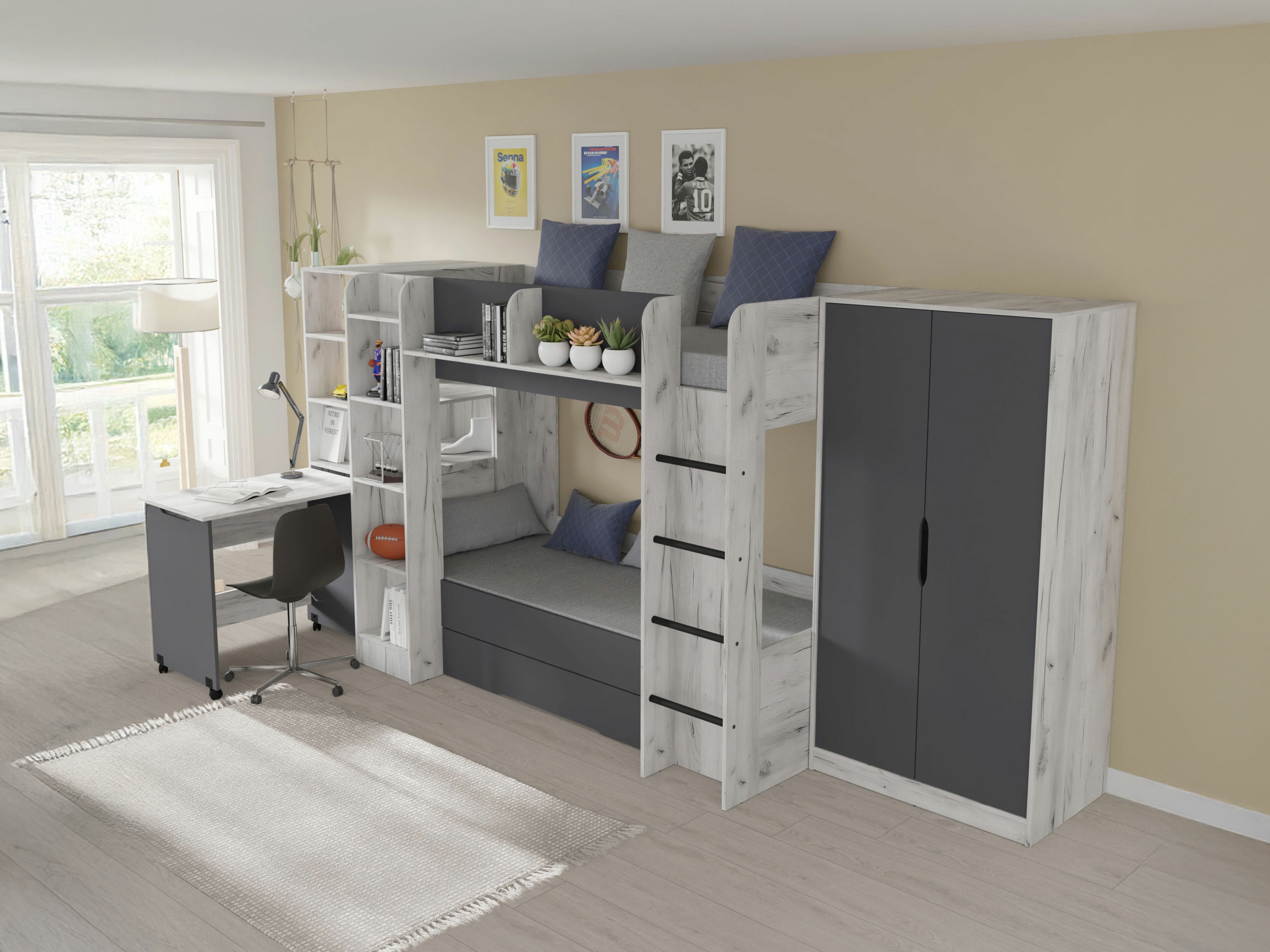 Bērnu istabas komplekts Elitenu 104 (Amatniecības balts + Grafīts)