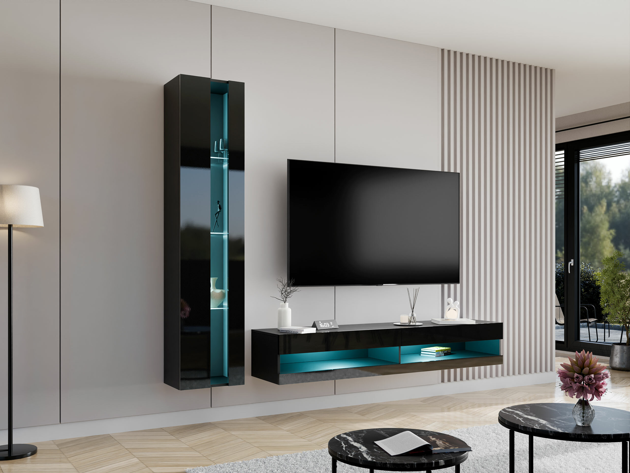 Viesistabas komplekts Venenou 118 (Melns + Glancēts melns)