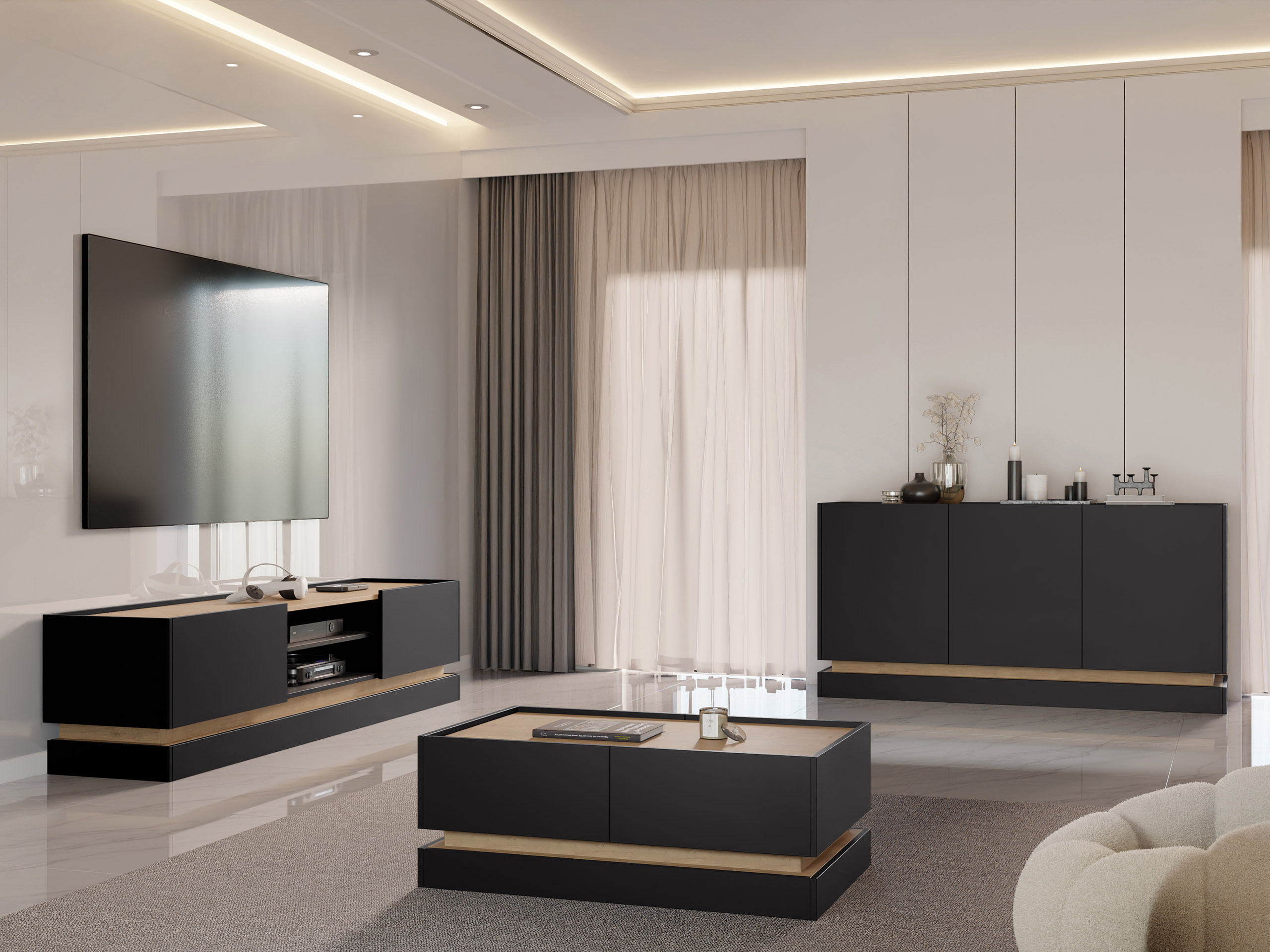 Viesistabas komplekts Comfivo Tilia (Melns + Ozols)