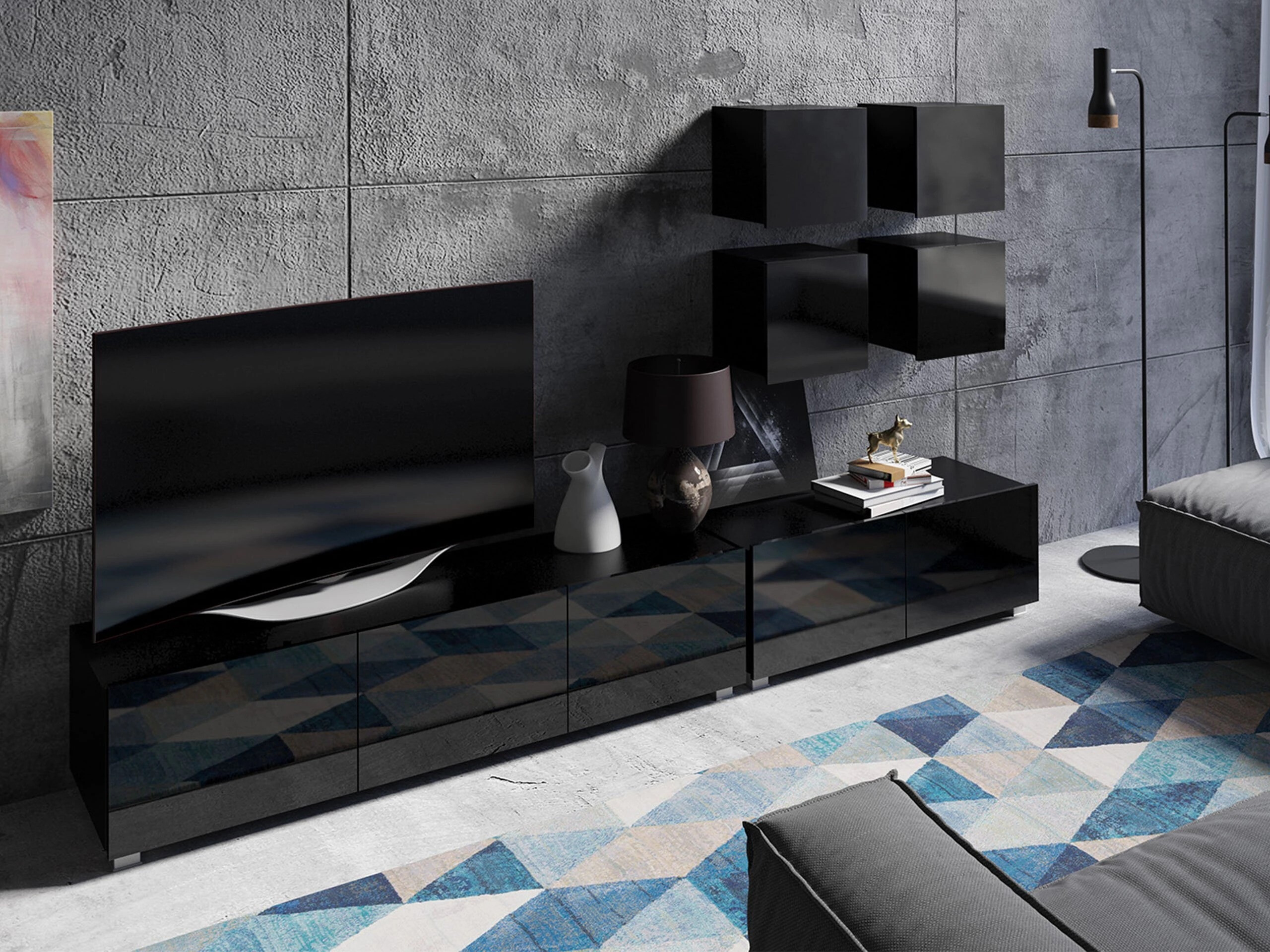 TV galds Remus I (Melns + Glancēts melns)