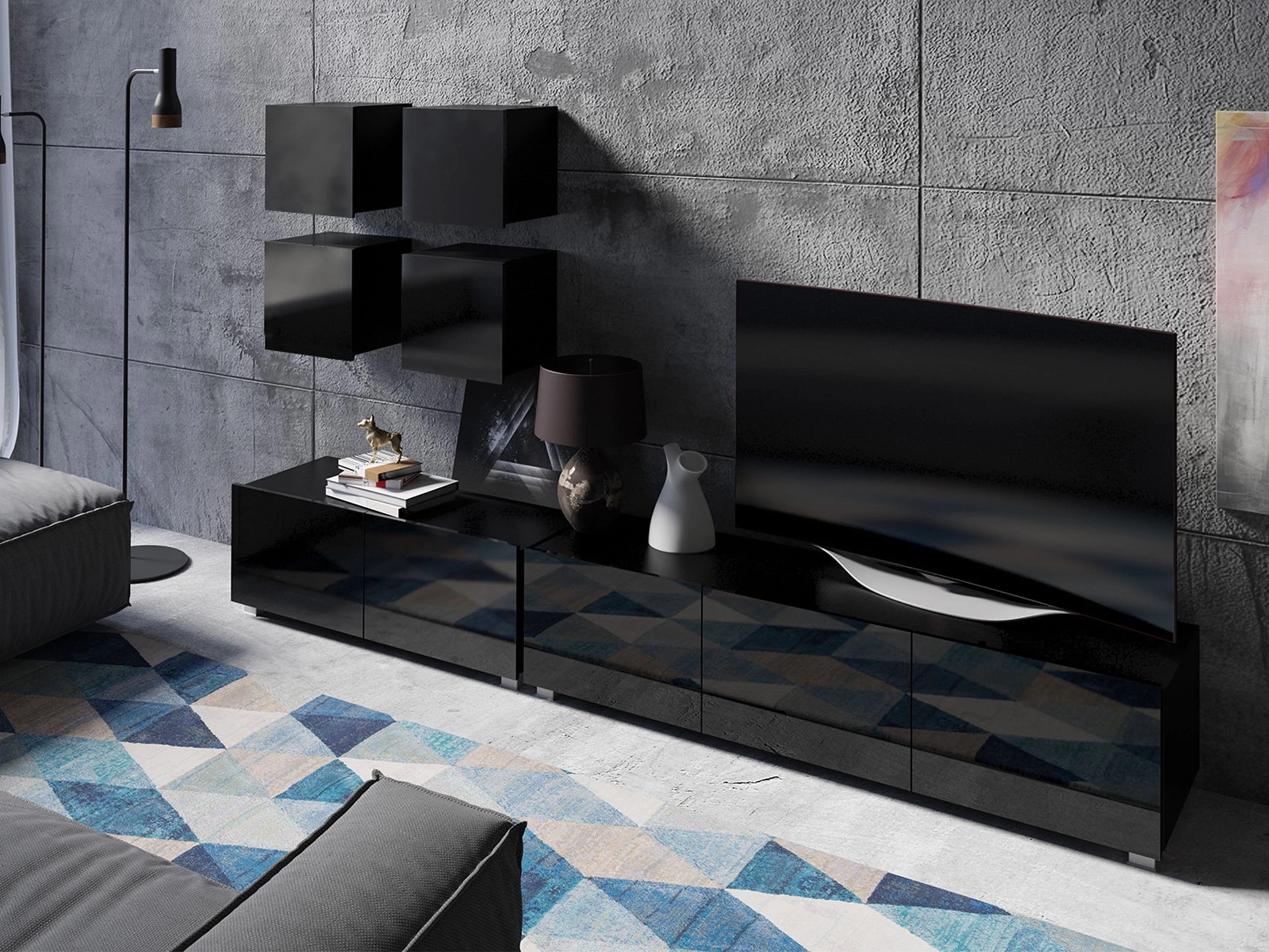 Viesistabas komplekts Remus XVIII (Melns + Glancēts melns)