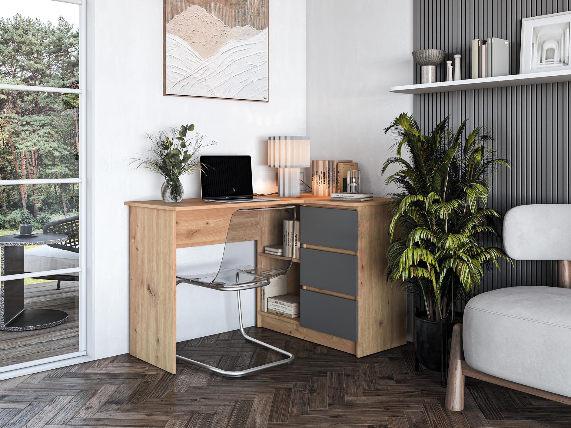 Stūra rakstāmgalds Houston 1950 (Grafīts + Artisan ozols)