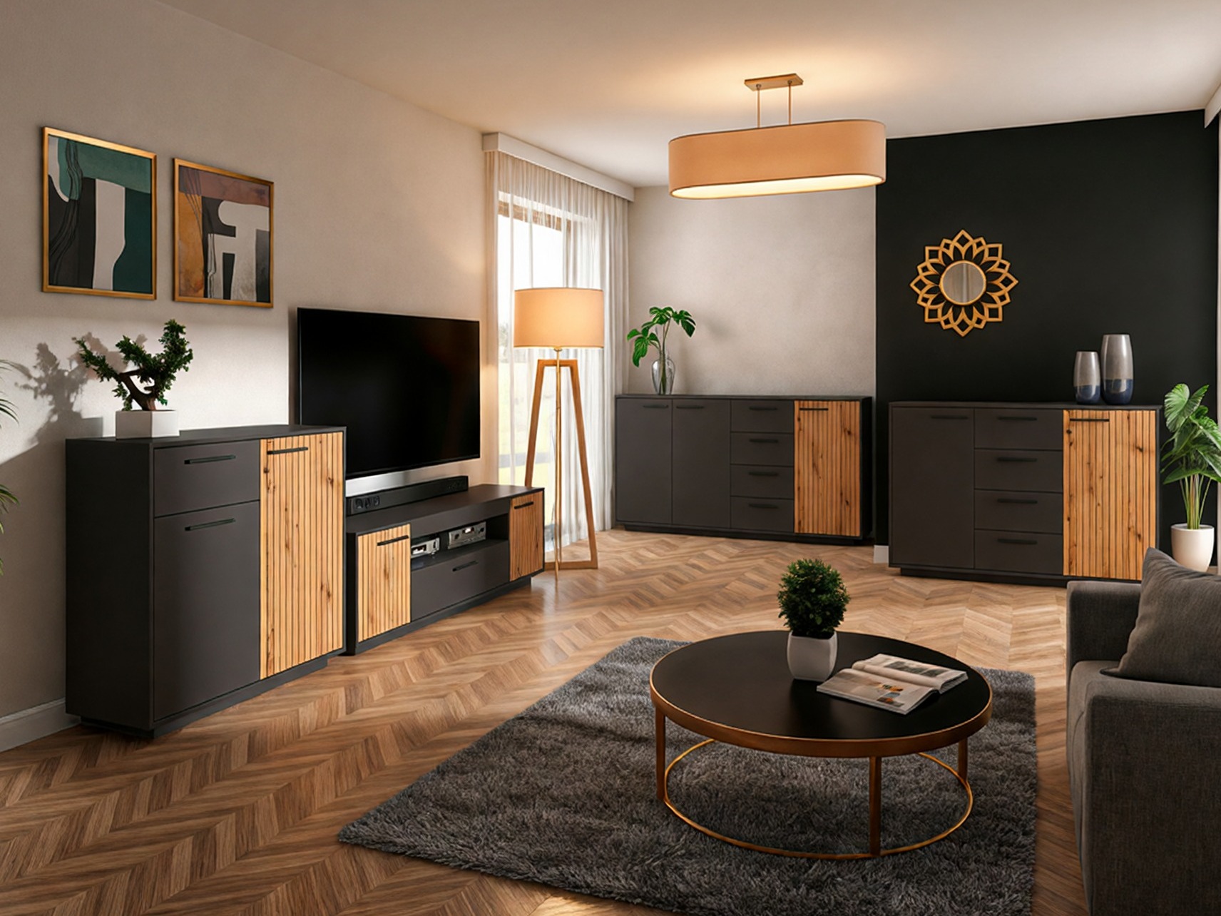 TV galds Melvelo 103 (Antracīts + Artisan ozols)