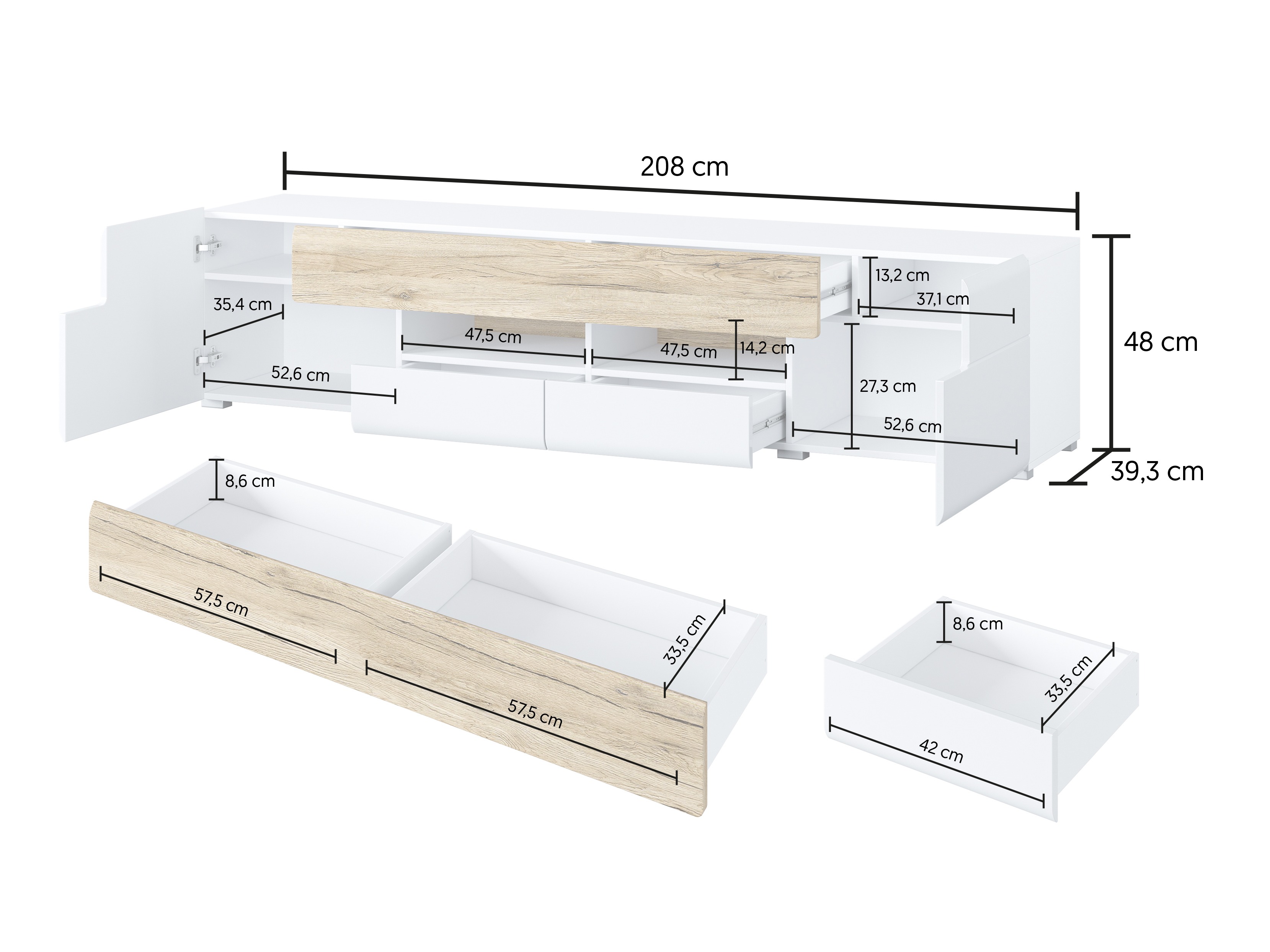 TV galds Torsone 113 (Balts + Glancēts balts + Sanremo ozols)