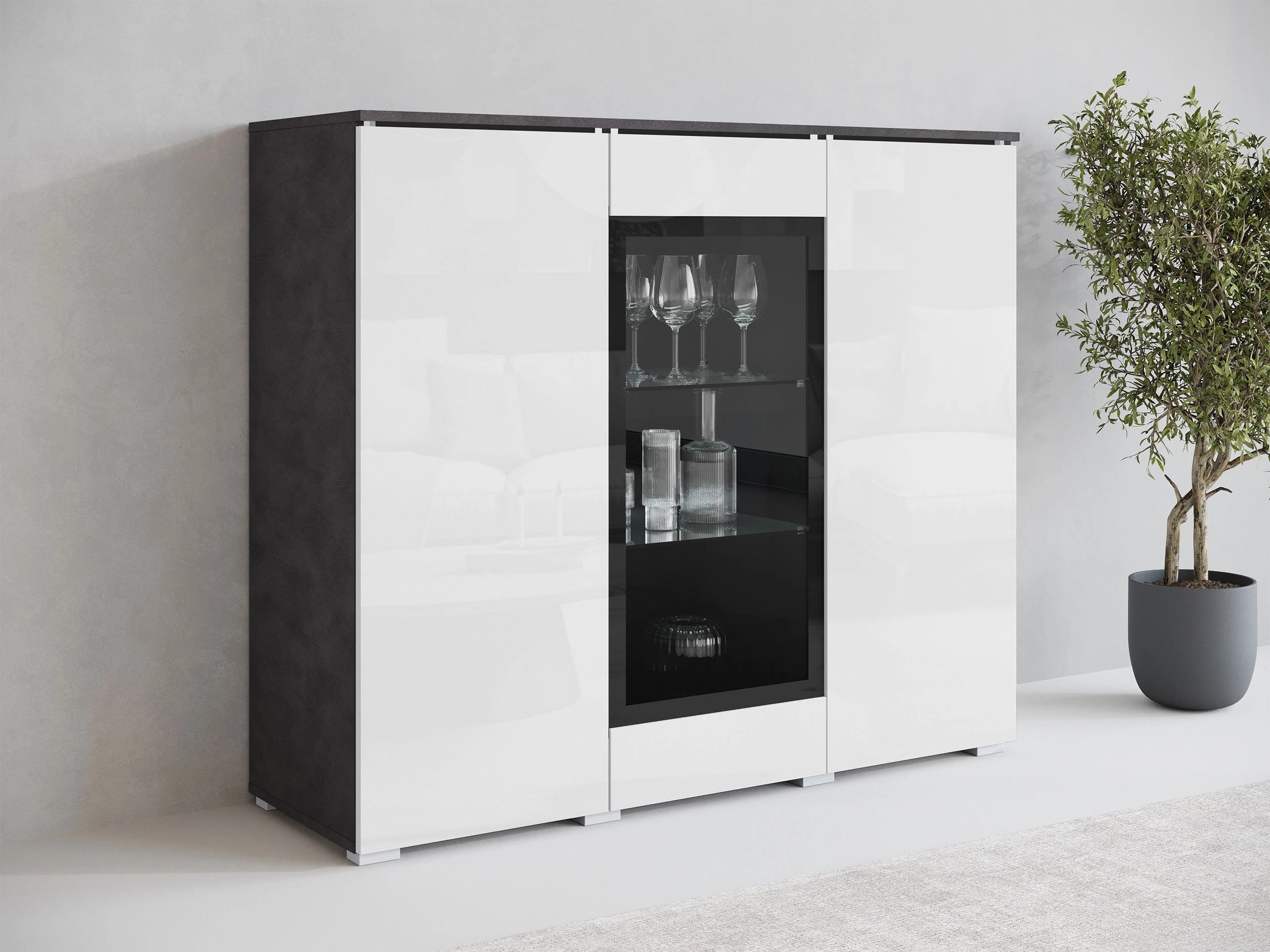 Skapis Mirfivo 103 (Matera pelēks + Glancēts balts)