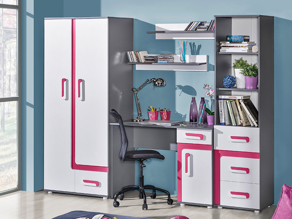 Bērnu istabas komplekts Levtala 116 (Antracīts + Balts + Tumši rozā)