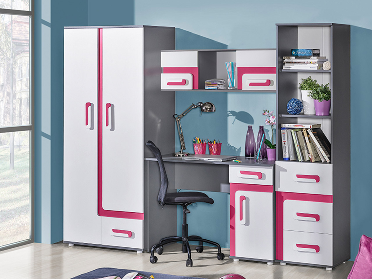 Bērnu istabas komplekts Levtala 120 (Antracīts + Balts + Tumši rozā)