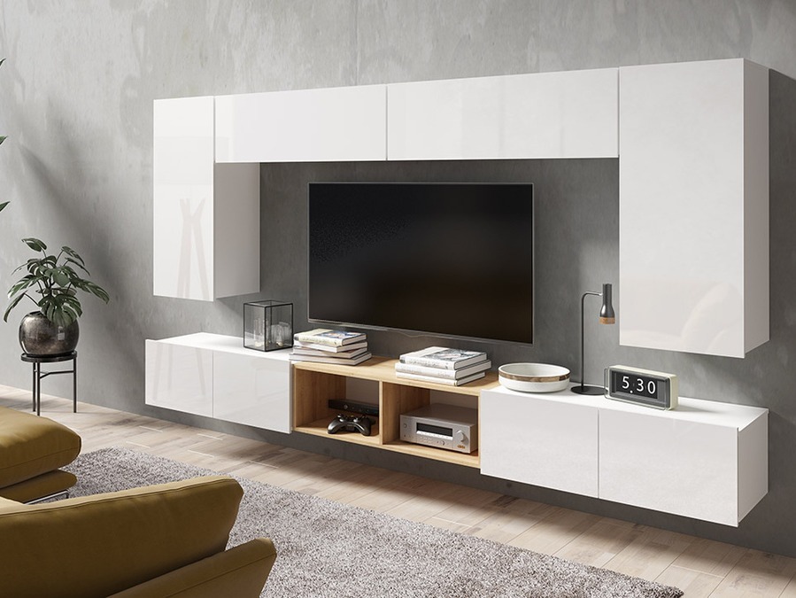 Viesistabas komplekts Tivdalu 143 (Balts + Glancēts balts + Zeltains ozols)