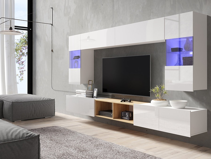 Viesistabas komplekts Tivdalu 144 (Balts + Glancēts balts + Zeltains ozols)