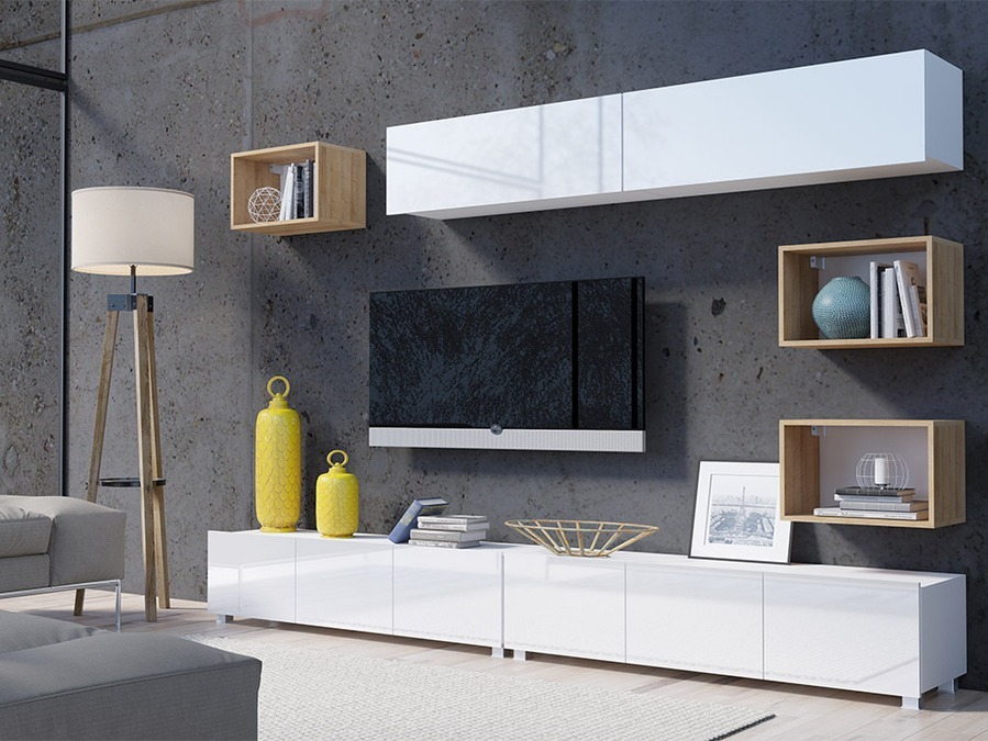 Viesistabas komplekts Tivdalu 151 (Balts + Glancēts balts + Zeltains ozols)