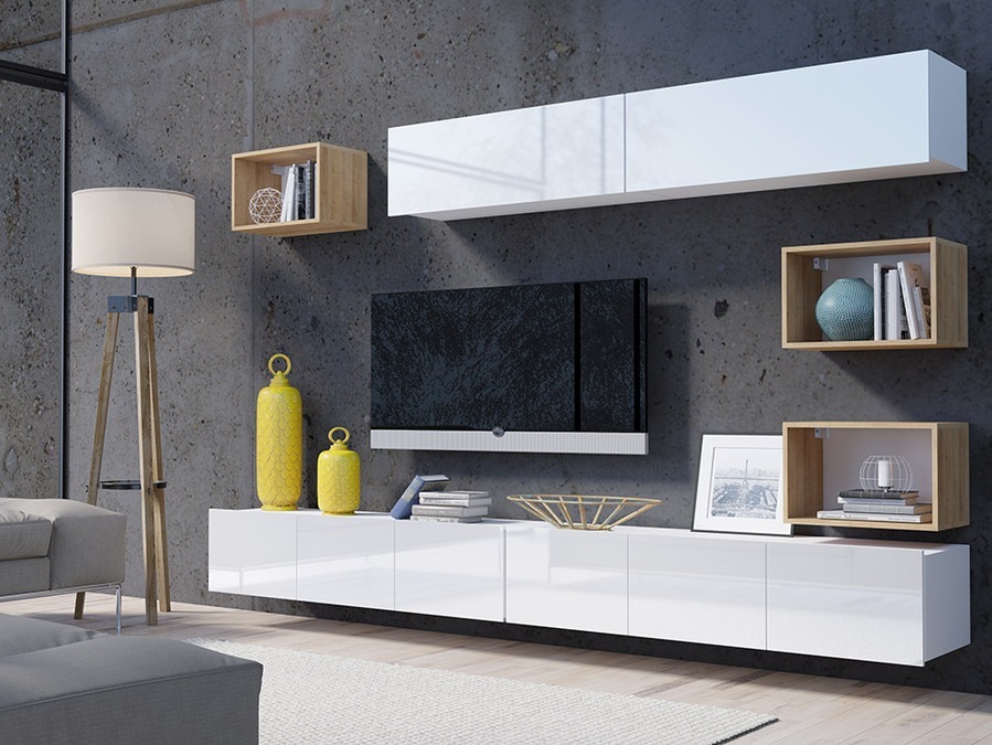 Viesistabas komplekts Tivdalu 151 (Balts + Glancēts balts + Zeltains ozols)