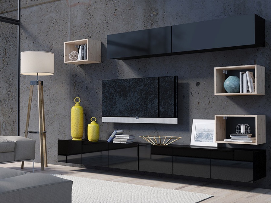 Viesistabas komplekts Tivdalu 151 (Melns + Glancēts melns + Artisan ozols)